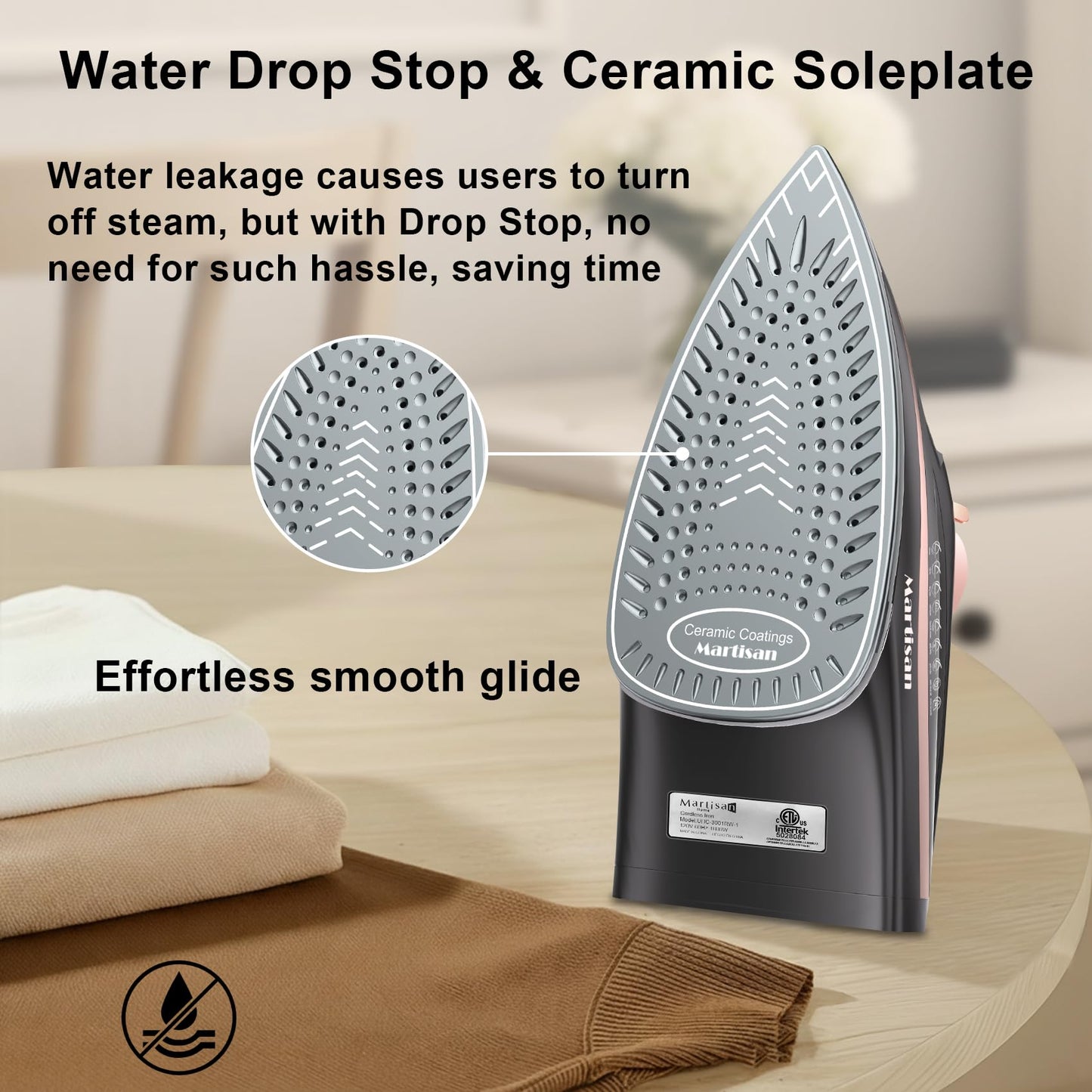 Martisan Cordless Iron for Clothes, 1600W, Wireless, Rapid Heating, Retractable Cord, Power Charging Base, Ceramic Soleplate, Auto-off, Anti-calc, Anti-drip, Self Clean
