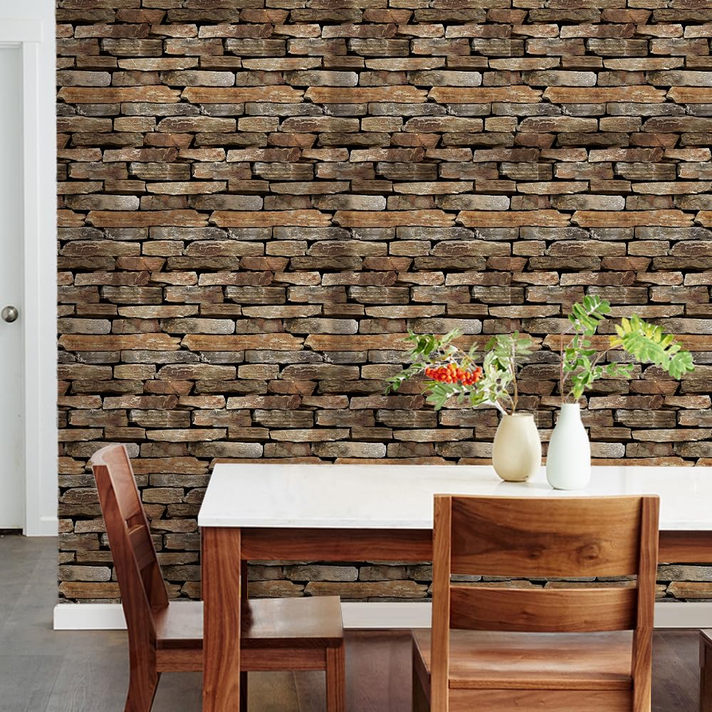 SMOOSTIKC 3D Faux Stone Wall Panels Peel and Stick, 10 Pcs 11.8" x 11.8", Stone-Look Textured Wall Sticker, Ultra-Light Thin PVC Fake Stone Wall Covering Tiles for Quick DIY, Brown with Green