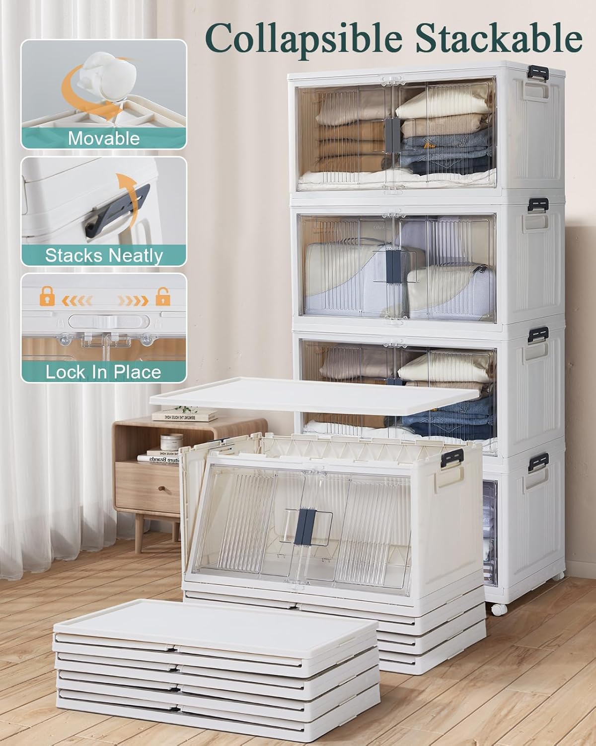 OlarHike 97QT Stackable Storage Bins - Collapsible Plastic Storage Boxes with Lids & Wheels | 5-Pack for Easy Organization