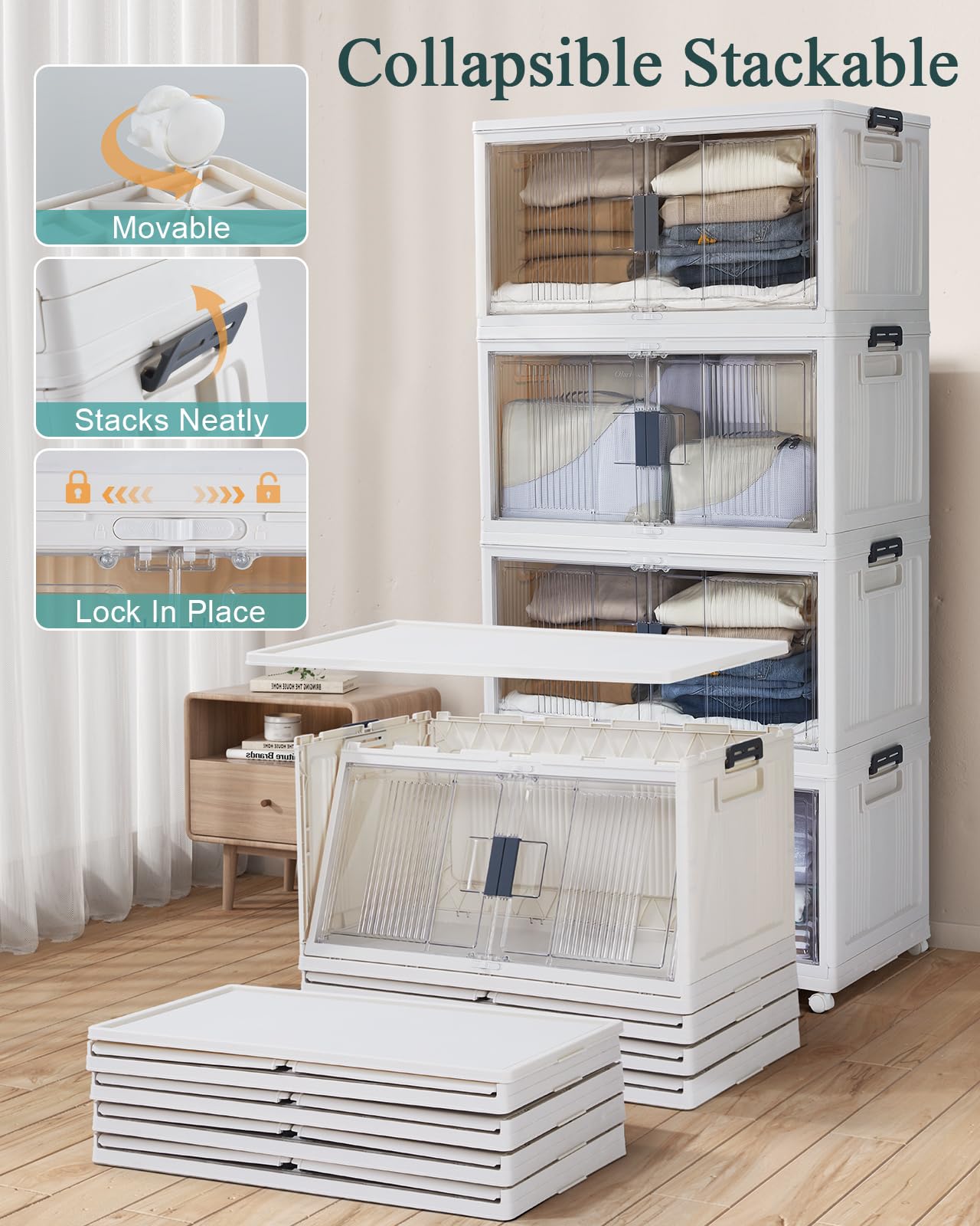 OlarHike 97QT Stackable Storage Bins with Lids - Folding Storage Box with Doors and Wheels, Collapsible Plastic Storage Drawers for Closets and Organization, Garage, 5 Pack Cubes