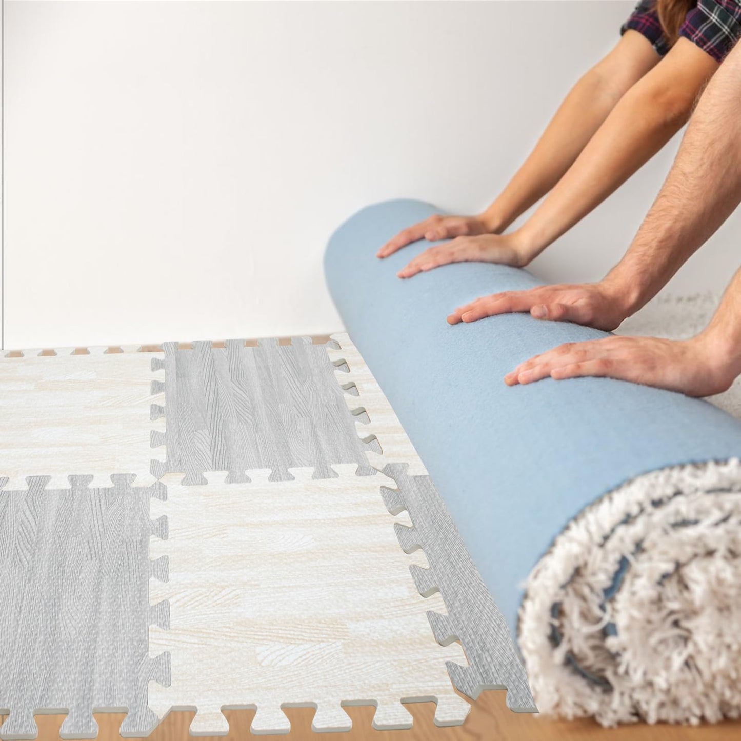 8 PCS Soundproof Interlocking Rug Pad 11.8 x 11.8 x 0.4 Inch, Non Slip Rug Pads, Noise Reduction Protective Cushioning Puzzle Foam Padding, Safe for All Floors and Finishes, Grey and White