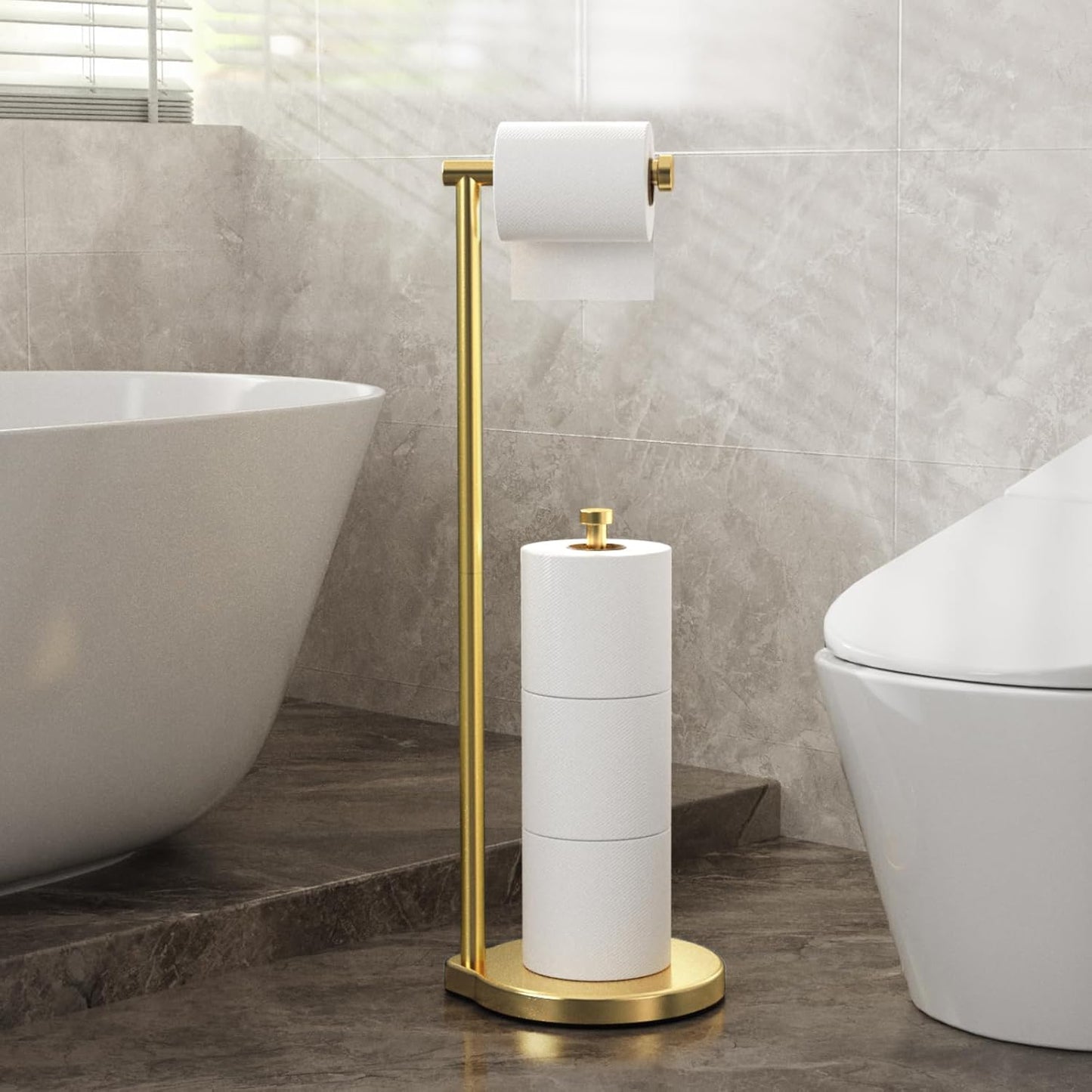 Theaoo Heavy-Duty Toilet Paper Holder Stand - Modern Freestanding Stainless Steel Tissue Roll Holder (Gold)