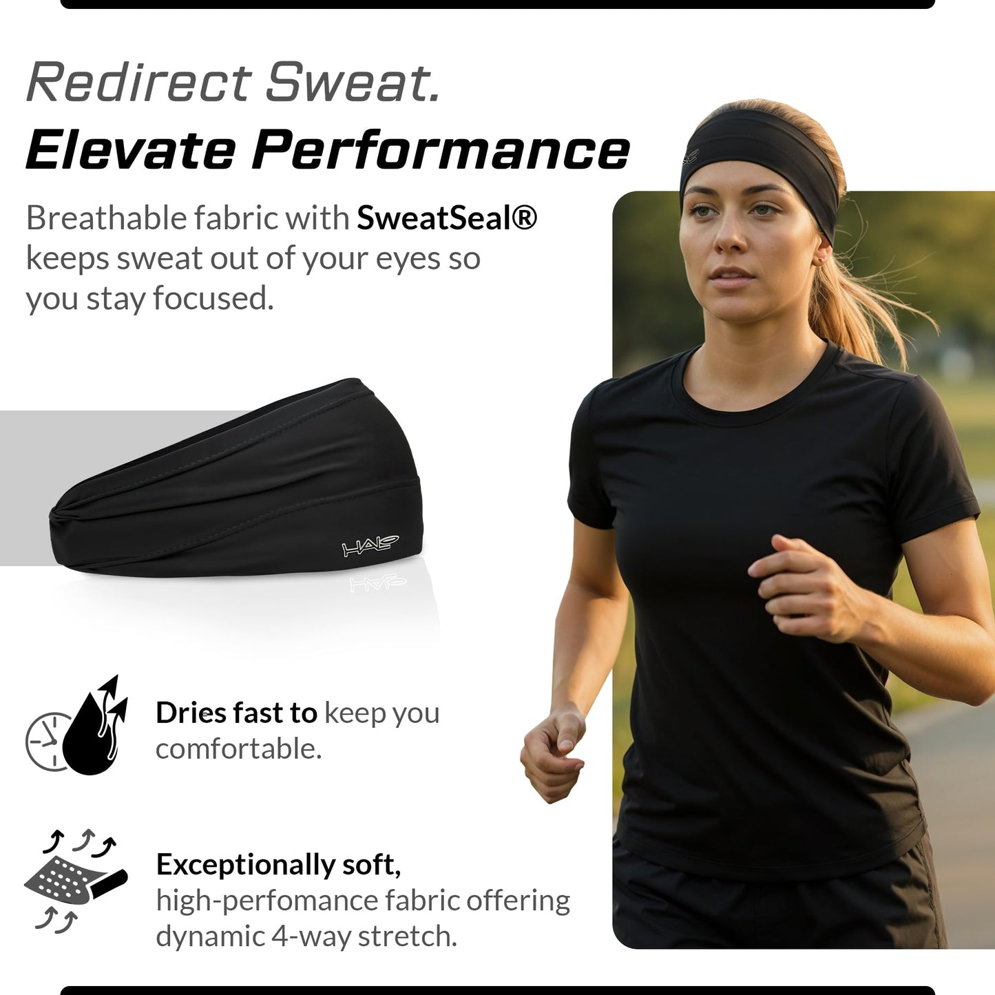 Halo Headband Bandit - Wide Pullover Sweatband for Both Men and Women, Black
