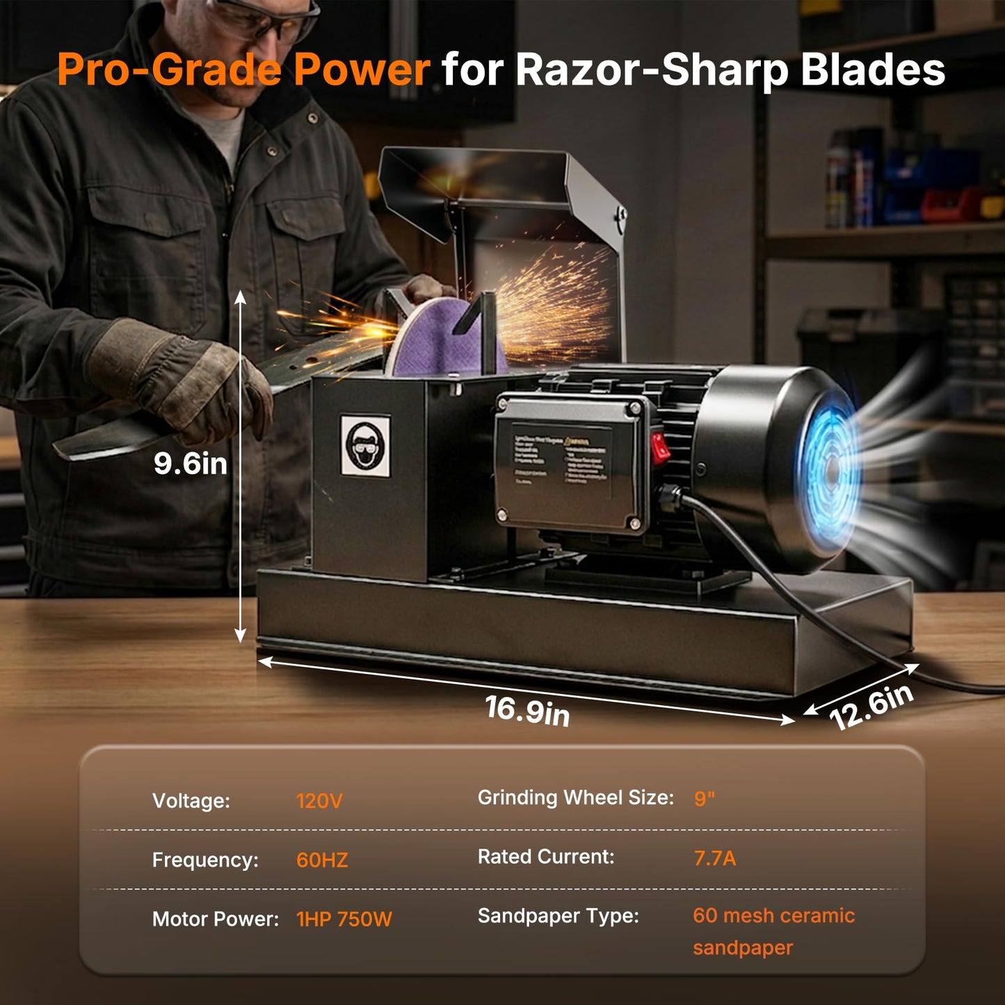 Merry Loop Lawn Mower Blade Sharpener, 1HP 750W Lawnmower Blade Grinder with 9-inch Ceramic Grinding Wheel, Powerful Bench Mower Sharpening Machine for High/Low Lift Blades, Gator Blades, Flat Blades