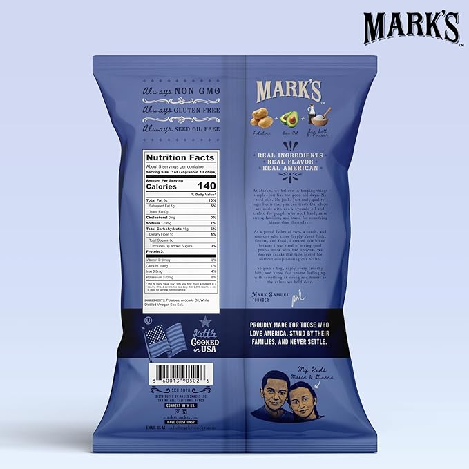 MARK’S Kettle Cooked Avocado Oil Potato Chips, Sea Salt & Vinegar – Seed Oil & GMO Free | Sea Salt and Vinegar, 5 oz (Pack of 3) | Gluten Free, Non-GMO, Chips for Clean & Healthy Snacking