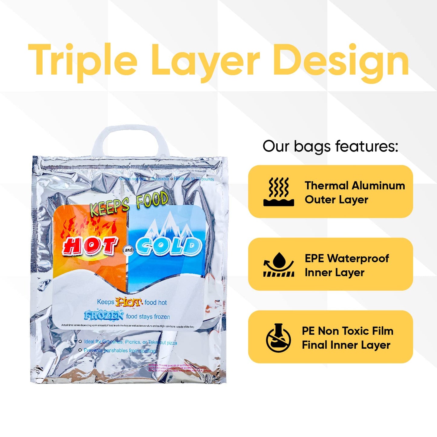 Superio Hot and Cold Insulated Bags for Food Delivery, Grocery Shopping Bags, Food Storage for Hot and Frozen Food for Travel, Disposable Cooler Bag, Reinforced Thermal Lunch Bag (1, 20"x19")