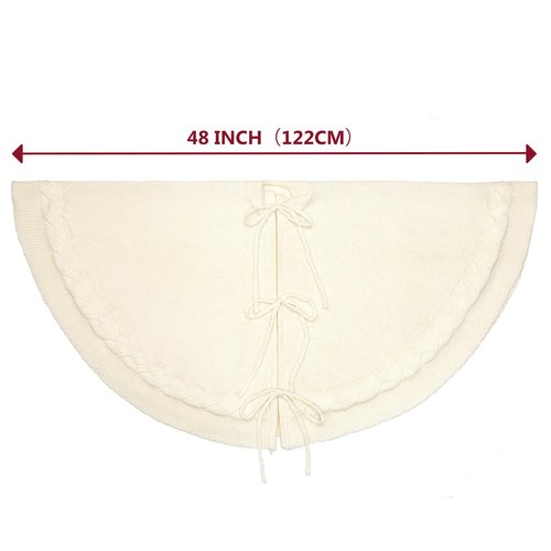 48 inches White Knitted Christmas Tree Skirt: Thick Cable Knit Round Cream Tree Skirt for 6-8FT Tree Rustic Neutral Farmhouse Christmas Decor Tree Base Cover Xmas Home Decorations