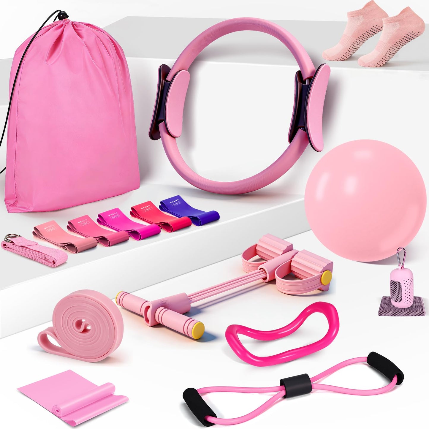 Pilates Essentials Kit for Women 15 Pcs Pilates Equipment for Home Workouts with Yoga Circle Ball Ring, 5 Resistance Bands,Pedal Puller Resistance Band,Anti Slip Socks for Starter Set,Pink