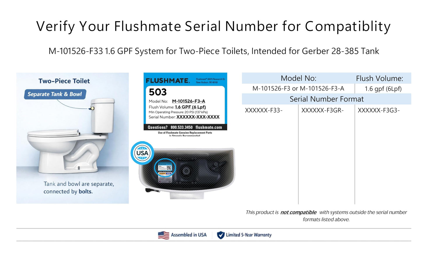 Flushmate M-101526-F33 Complete Replacement System: 1.6 GPF System for Two-Piece Toilets, Intended for Gerber 28-385 Tank, Quiet Operation, Ideal for Residential & Commercial Use