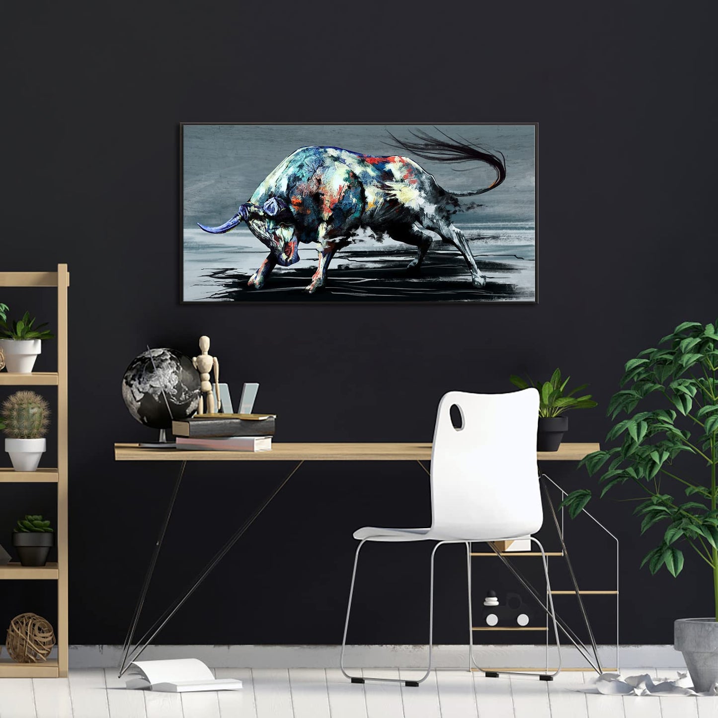 sechars Large Fighting Bull Painting Wall Art Canvas Cool Animal Picture Artwork with Black Floater Frame Modern Home Office Western Cowboy Room Decoration Ready to Hang 24"x48"