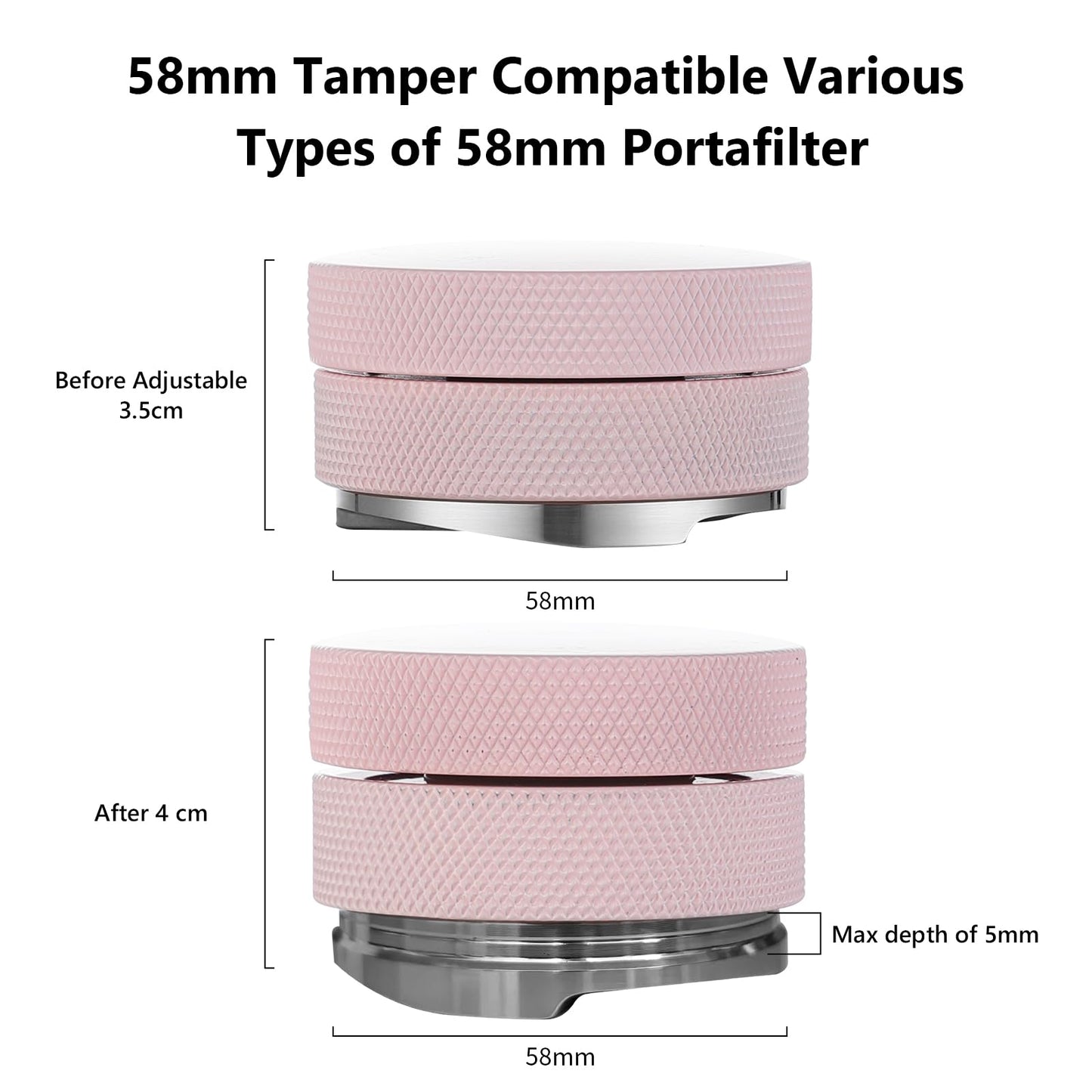 Pink 58mm Coffee Distributor & Tamper, Espresso Hand Tamper Tool Fits 58mm Portafilters, Adjustable Depth Coffee Tamper and Leveler