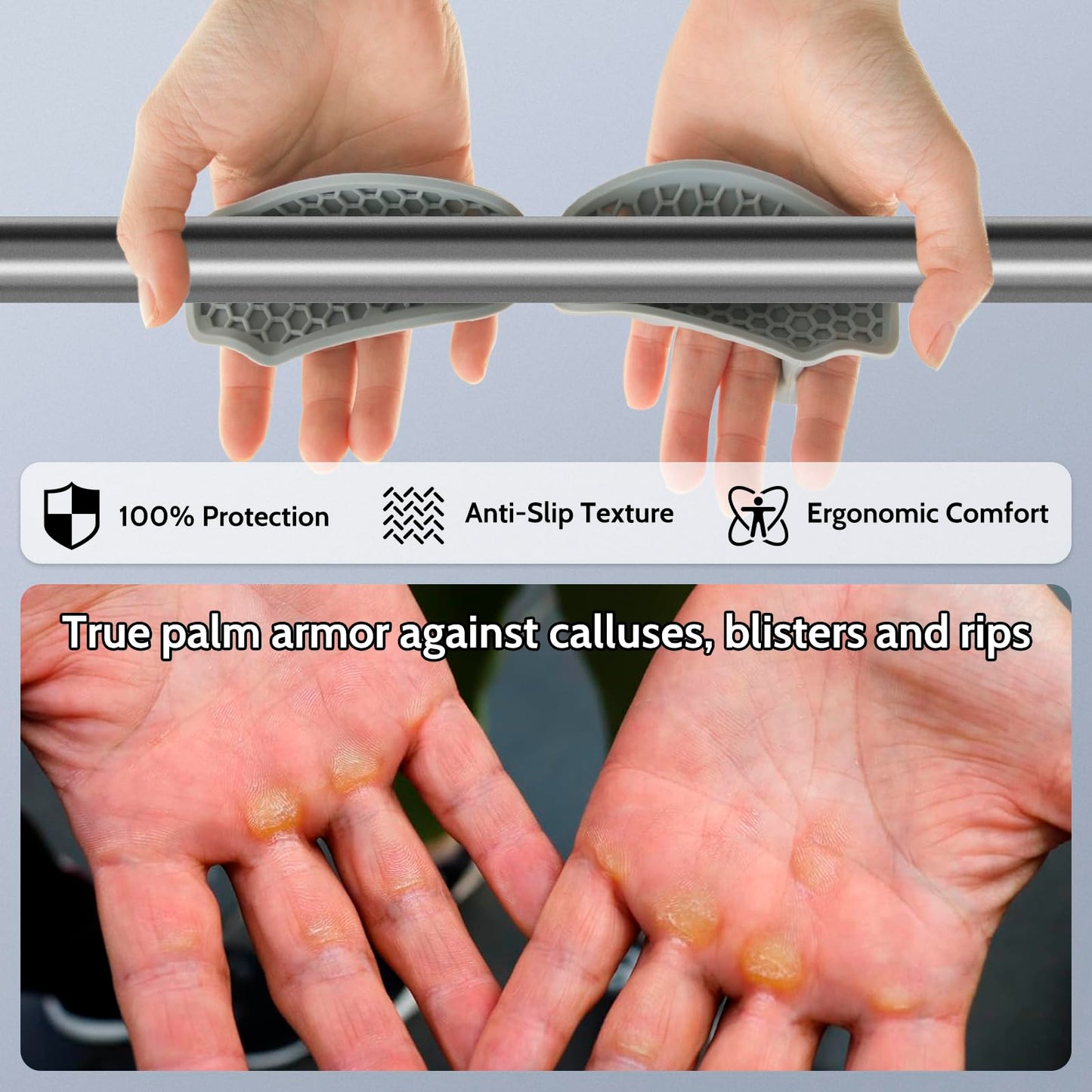 UQOOQFA Weight Lifting Grips - Rubber Anti-Slip Workout Grips, Ergonomics Hand Protector Gloves for Gym Training and Exercise, Dumbbell, Bar Pad, Pull Up for Men and Women, No Sweaty (Grey)