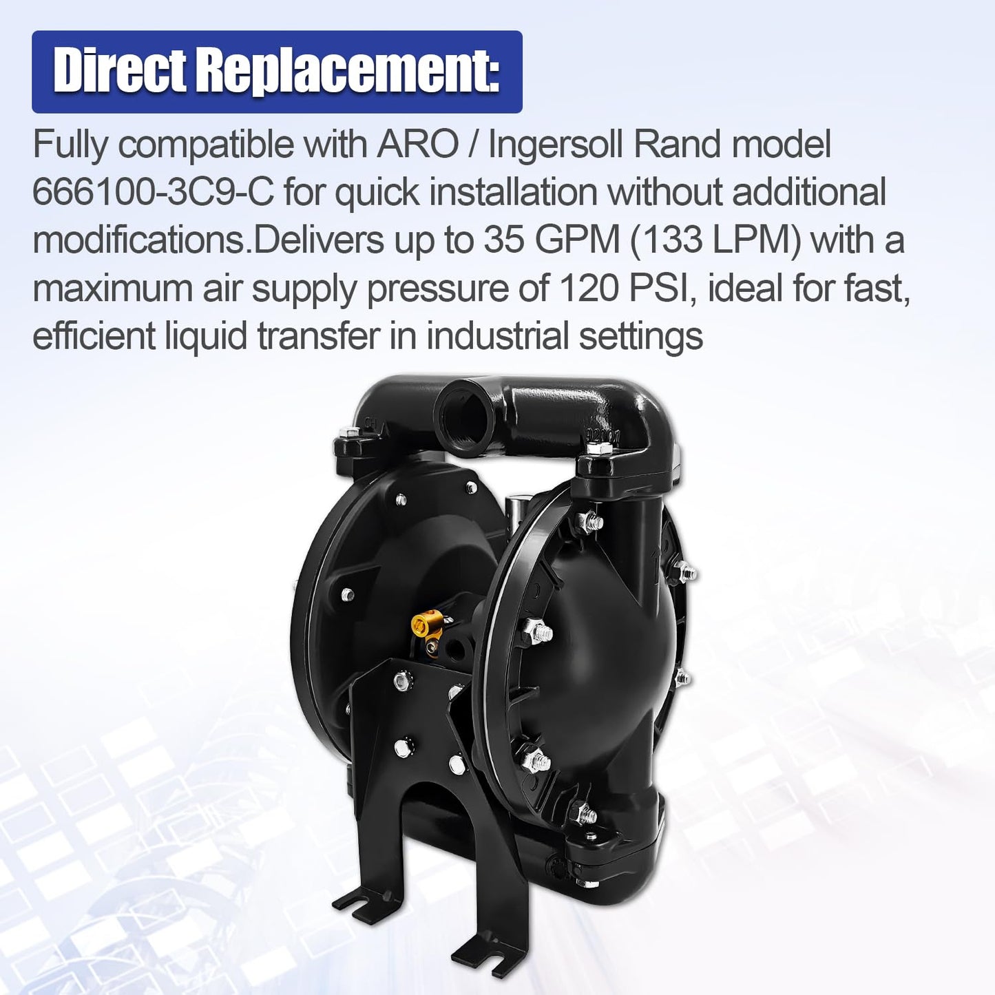 Blrack 666100-3C9-C Double Diaphragm Pump Compatible with ARO/Ingersoll Rand – 35 GPM, Max 120 PSI, 1 Inch, Aluminum Body, Replaces 6661003C9C