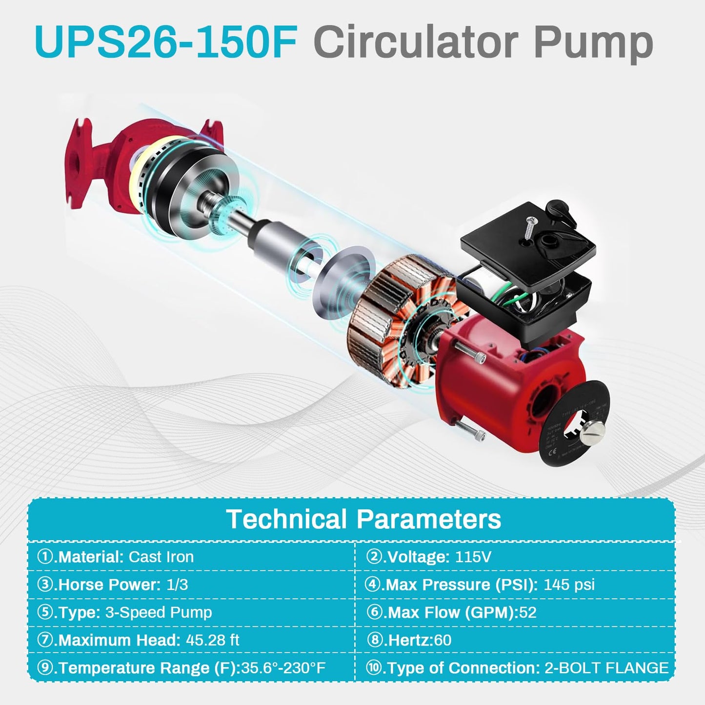 UPS26-150F Hot Water Circulator Pump Compatible with Grundfos 95906630 Cast Iron Circulator Pump 1/3 HP 115V 145 PSI 3-Speed 2-Bolt Flange For Heating Cooling Solar and Other System