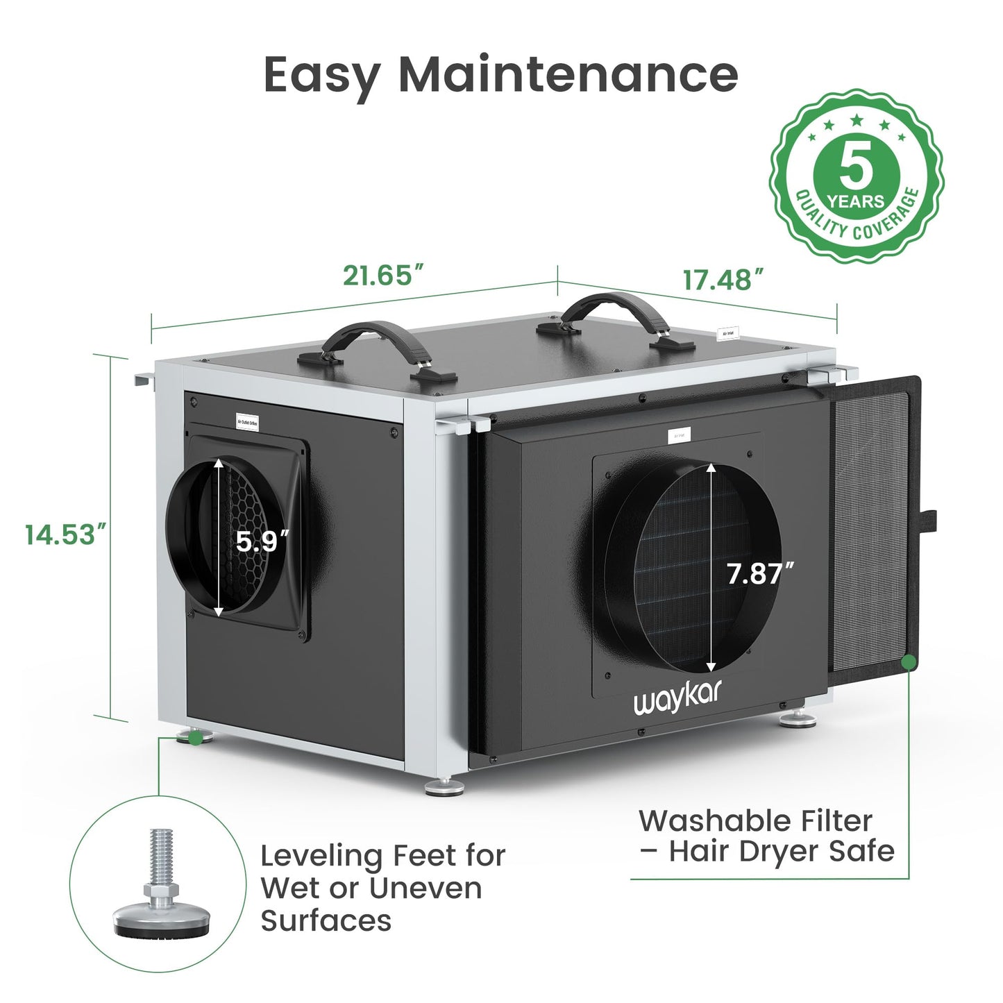 Waykar 125 Pints Crawl Space Dehumidifier with Remote Control and Pump, Dual Duct HVAC Commercial Whole-House Dehumidifier for Basement, Industrial Water Damage Unit - 5-Year Quality Coverage