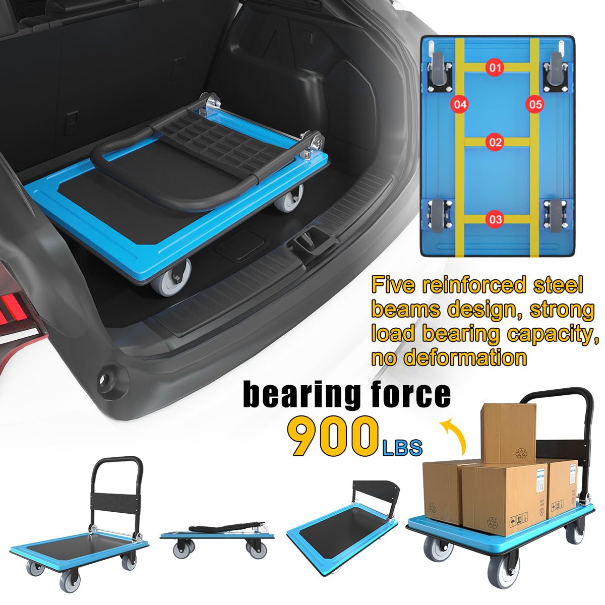 WUD Push Cart, Folding Mobile Platform Trolley,Thickened and Reinforced, 360° Swivel Wheels,30.3 “L x 19.7 ”W, 900 lb.Blue Dolly cart with Wheels