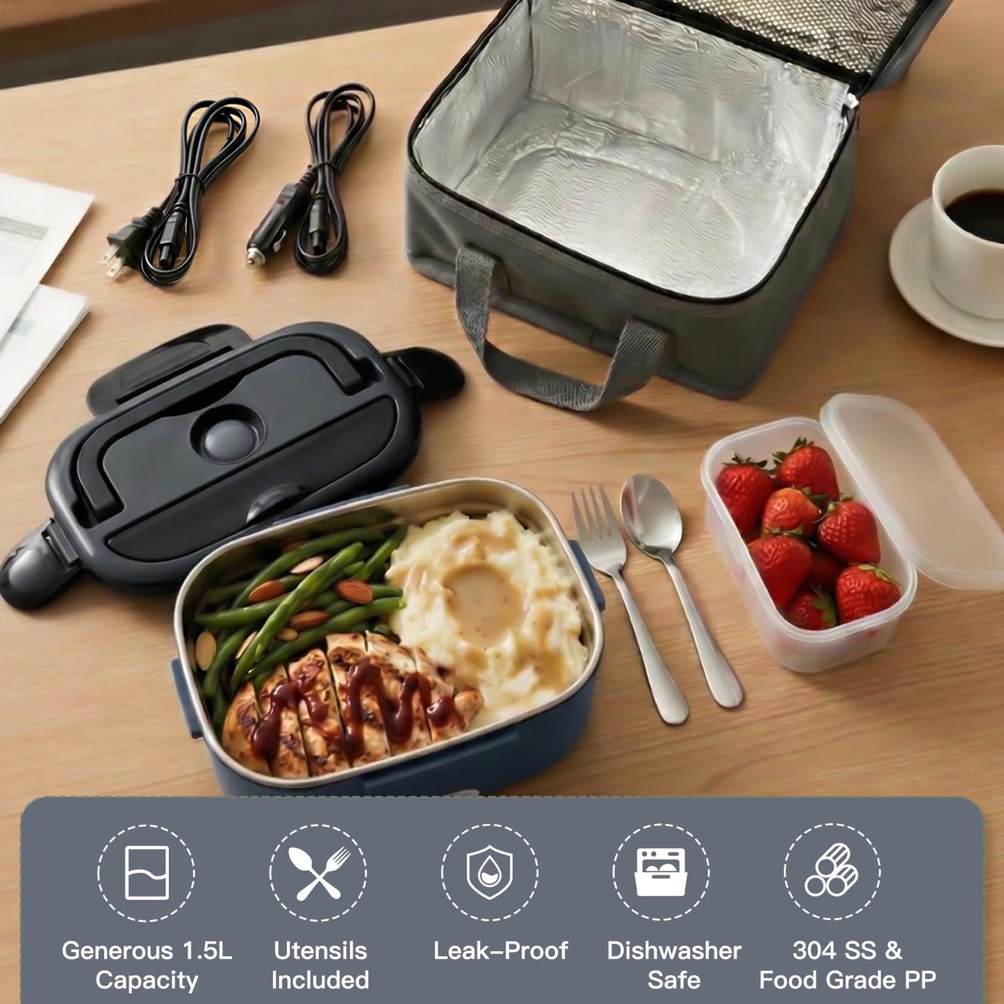 MEGAWISE Electric Lunch Box 1.5L with 304 Stainless Steel Container, 3-in-1 Food Heating Lunch Box for Adults, Food Warmer for Car, Truck, Office, Includes Utensils & Carry Bag (Charcoal Gray)