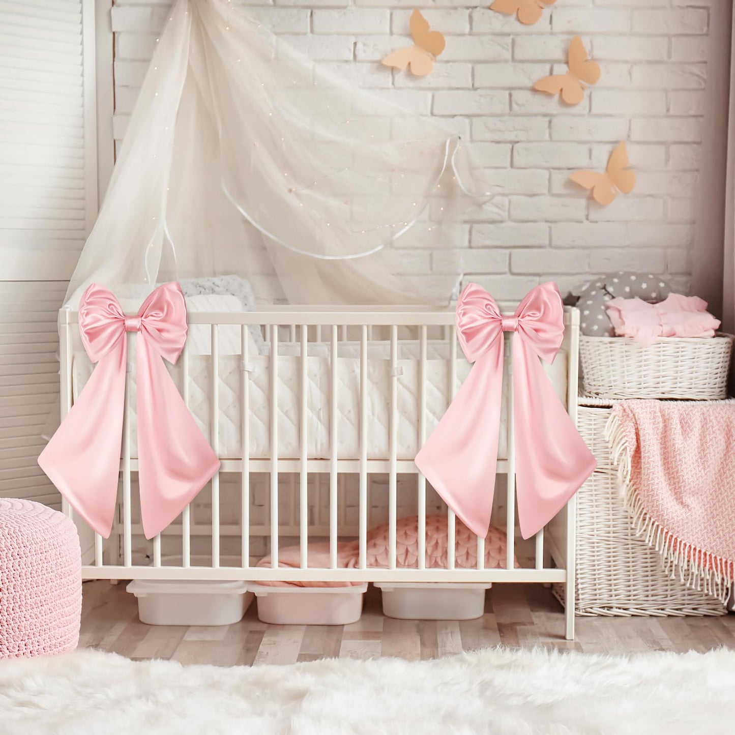 Suncalla 2 Pcs Large Pink Bows for Decoration 12" x 24" Pink Crib Bows Ribbon Coquette Double Layer Satin Silk Baby Crib Bedding for Nursery Baby Shower Curtain Tie Backs Bachelorette Wedding Decor