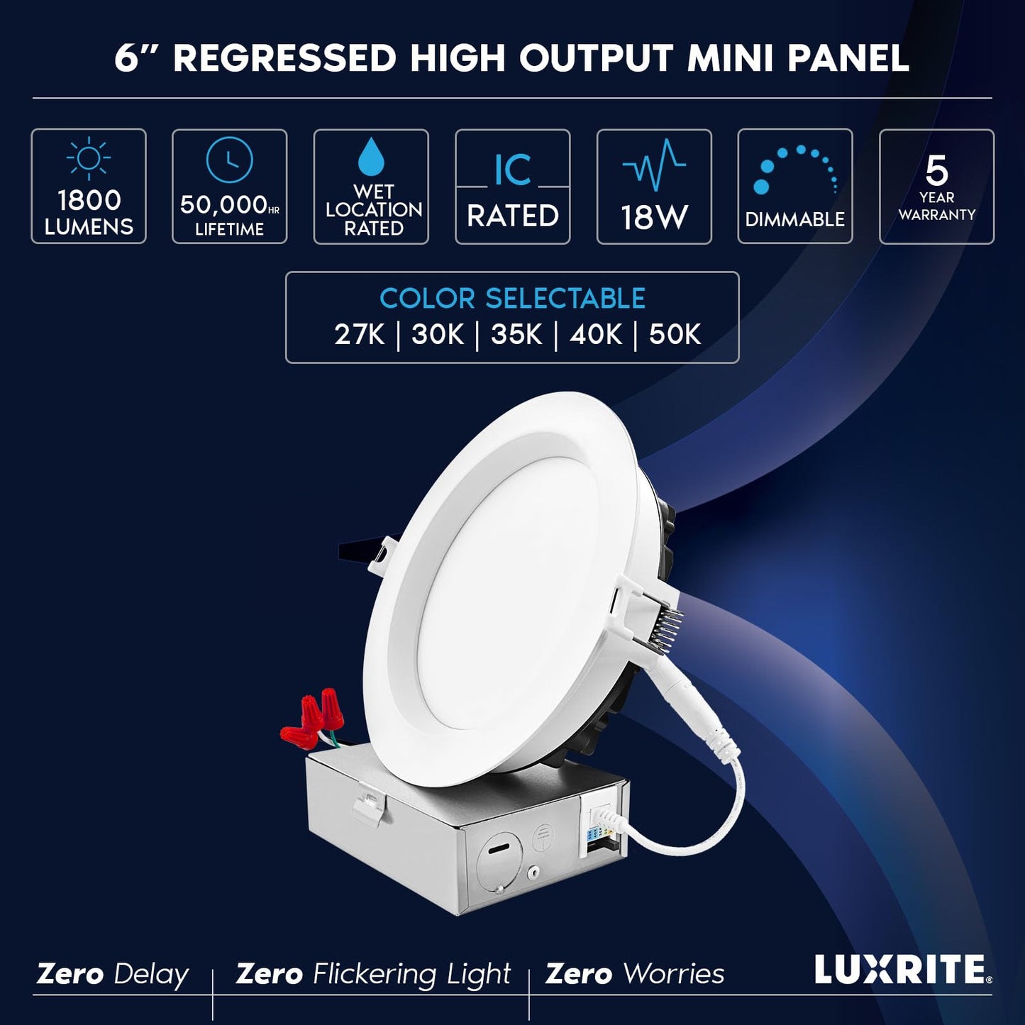 LUXRITE 6 Inch LED Recessed Ceiling Light with Junction Box, 18W, 5CCT Selectable 2700K/3000K/3500K/4000K/5000K, 1800LM High Brightness, Dimmable Canless Downlight, Wet Rated, IC Rated, ETL (4 Pack)