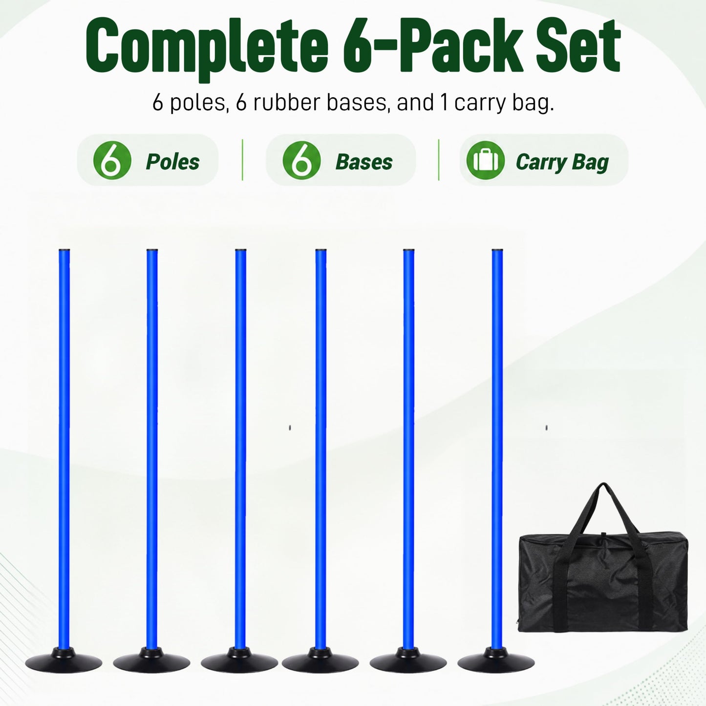 6 Pack Soccer Agility Training Poles, 5 FT Adjustable Speed and Agility Training Equipment for Football/Basketball/ Dog Practice, Bending Poles for Horses with Rubber Bases and Carry Bag (Blue)