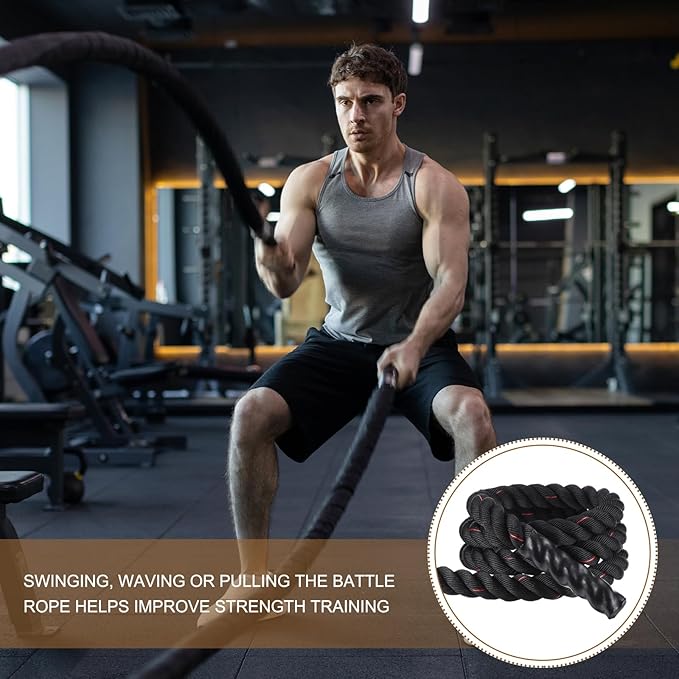 MECCANIXITY Battle Rope 10ft x 2 Inch Polyester Workout Rope Heavy Fitness Exercise Rope for Strength Training Home Gym Muscle Building, Black Red