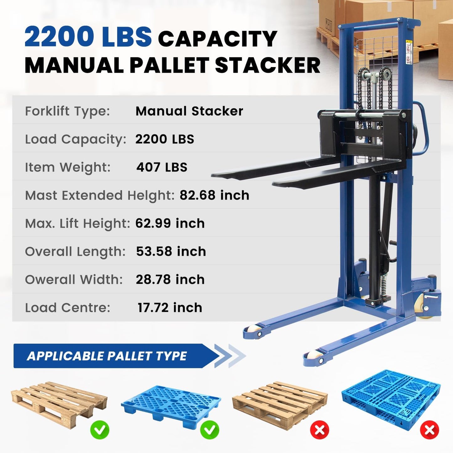 Fworkleft Manual Pallet Stacker 2200 LBS Capacity, 63" Lift Height Hand Pallet Forklift with Adjustable Forks & Fixed Legs, Heavy Duty Warehouse Material Lift for Open Deck Pallets