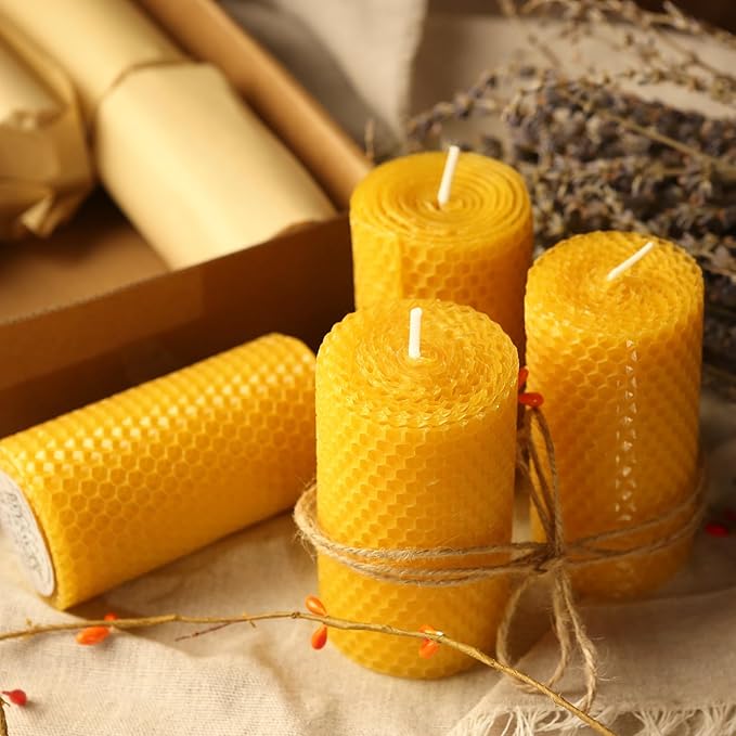 3 Pack Natural Beeswax Pillar Candles,Handmade Pure Beeswax Rolled Candle-60 Hours Long Burning,Honeycomb Bees Wax Candles for Home, Prayer,Dripless Smokeless Unscented Pillar Candle 2x4in