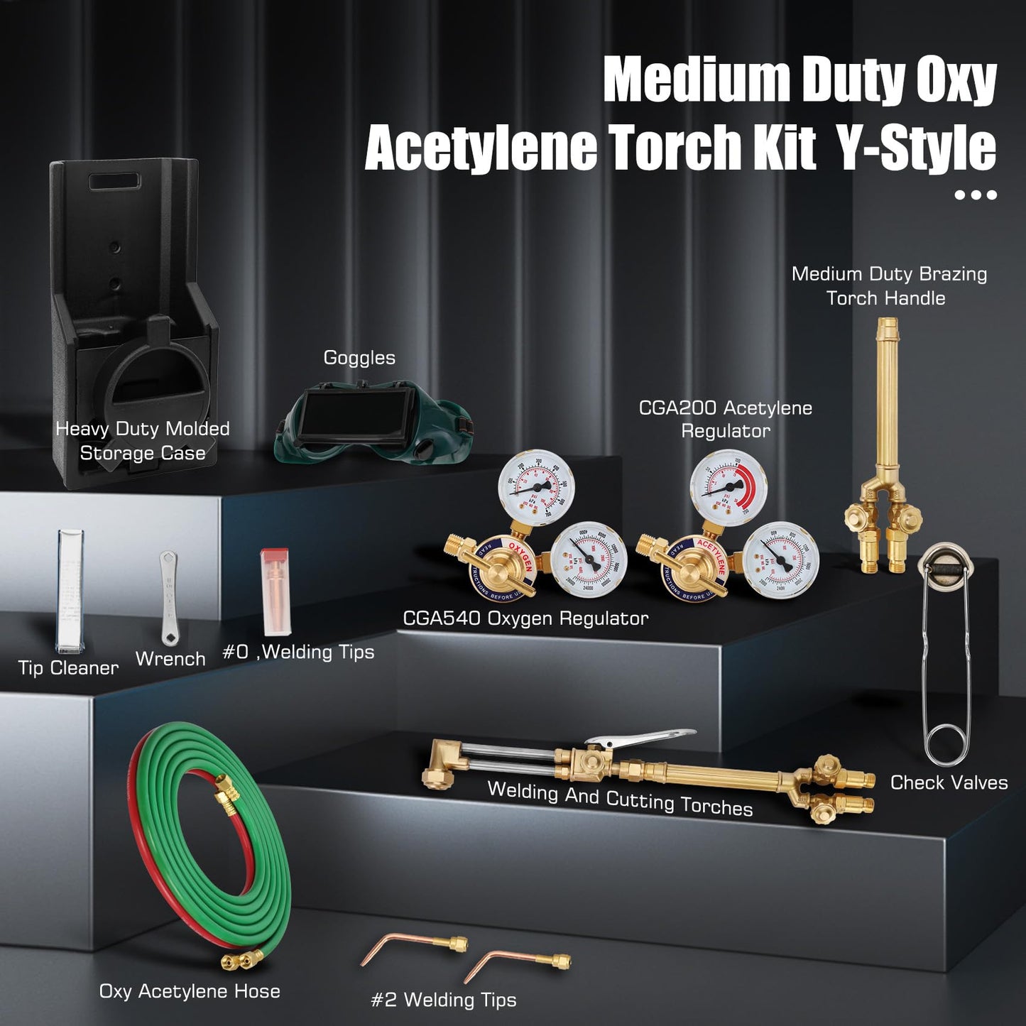 17 Piece Medium Duty Oxy Acetylene Gas Welding Outfit Tote Kit without Tanks with CGA540 Oxygen Regulator and CGA200 Acetylene Regulator for Welding,Cutting, Brazing and Heating