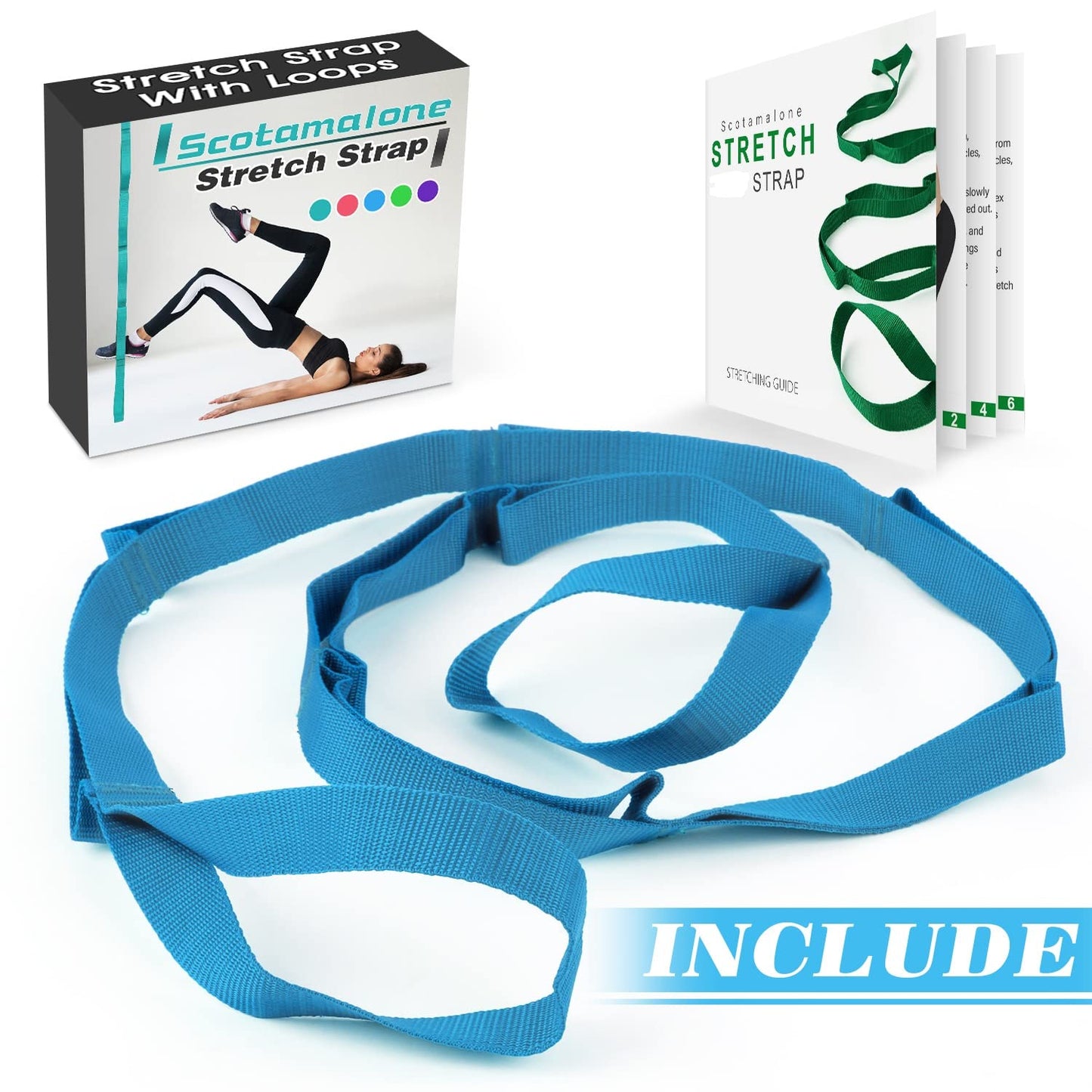 Stretch Strap Yoga Stretching Strap Physical Therapy Rehab Multi-Loop Strap Stretch Bands Nonelastic Exercise Strap for Pilates, Dance and Gymnastics with Instructional Guide (Blue)