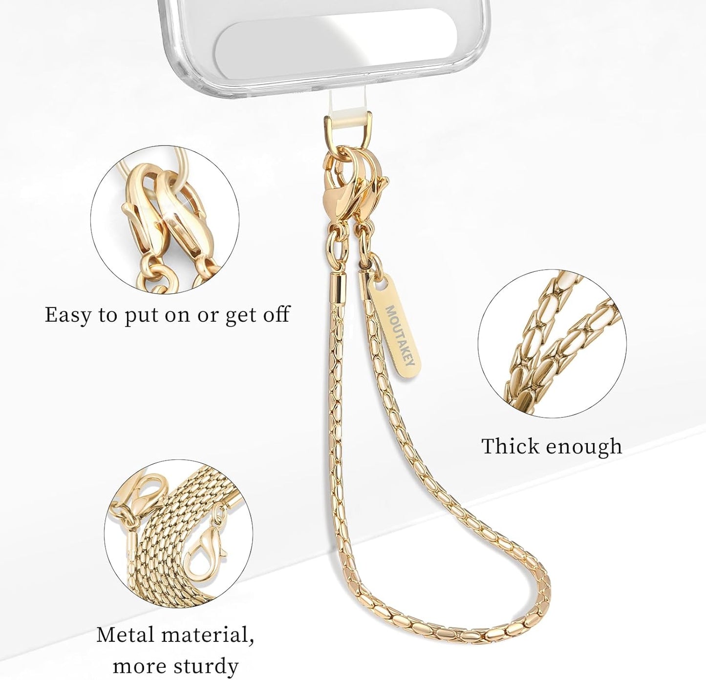 2 MOUTAKEY Phone Wrist Strap Metal Phone Chain Wristlet Strap Detachable iPhone Lanyard Wrist with Tether Tabs iPhone