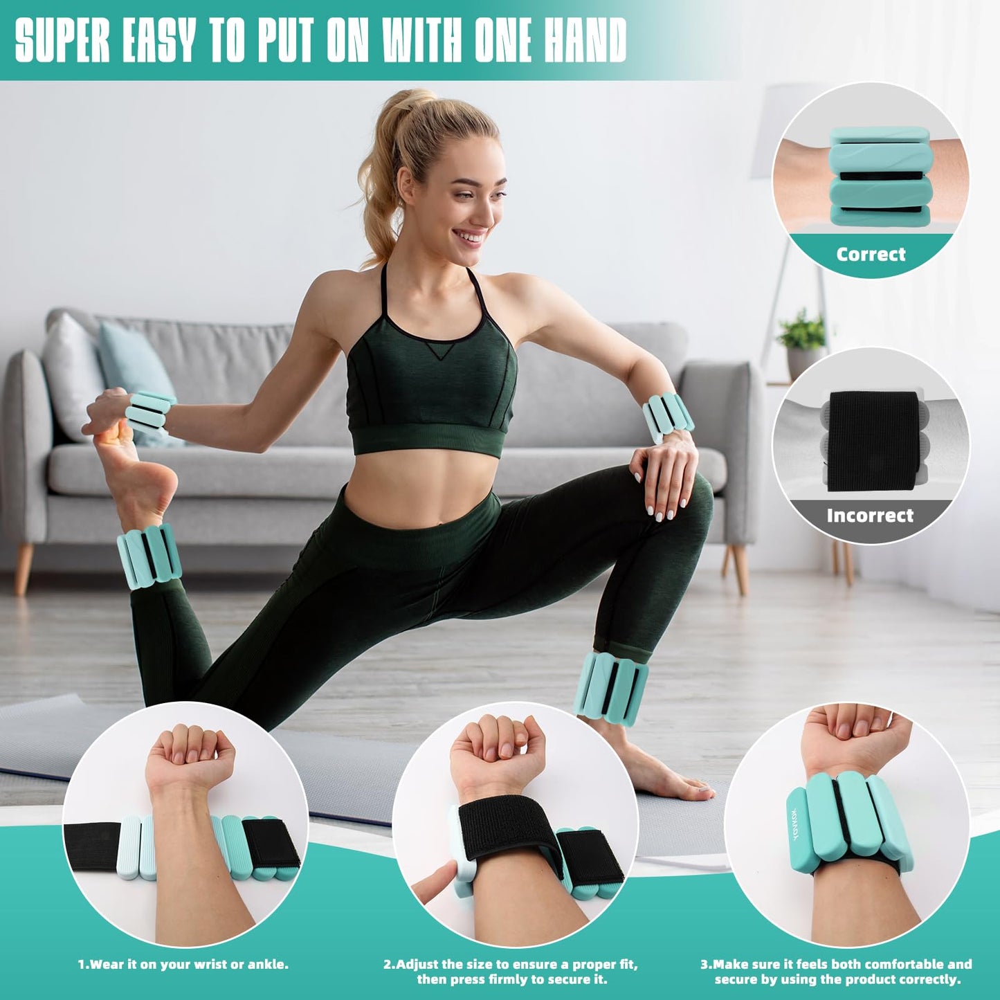 Ankle Weights for Women Men, Silicone Wrist Weights Set of 2 - Wearable Leg Weights/ Arm Weights Ideal for for Home Gym Workout, Running, Yoga, Pilates, Barre, Exercise, Strength Training (Blue Gradient, 2 lbs Pair (1lb Each))