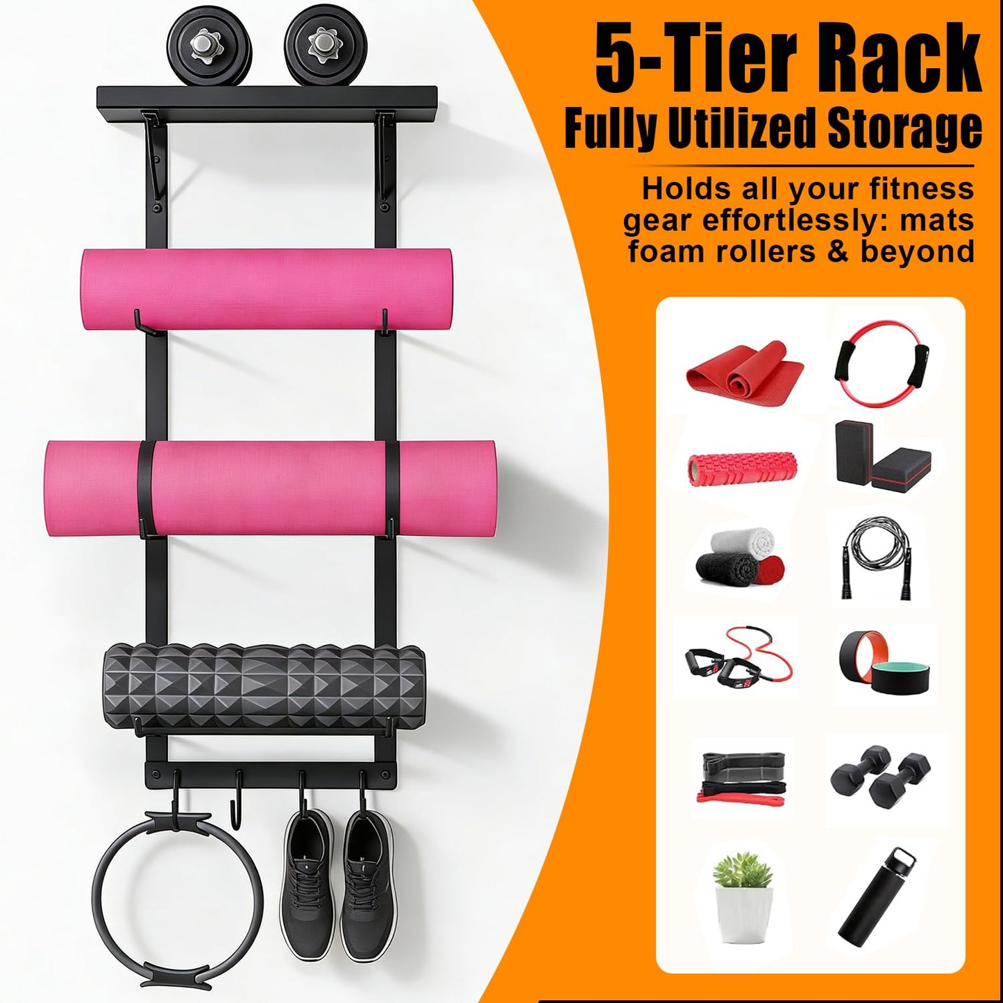 LFIPYM Black Wall Mount Yoga Mat Holder with Floating Shelf & 5 Hooks, Home Gym Storage Rack for Yoga Mats, Foam Rollers and Resistance Bands, Metal
