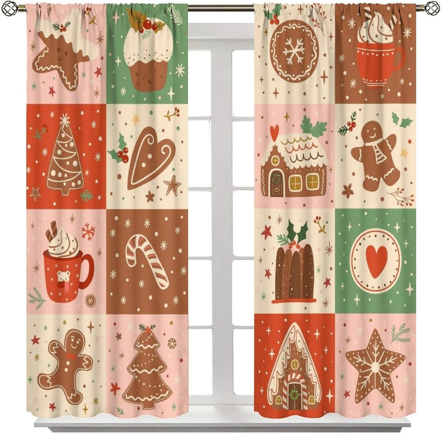 Regine Switzerland Christmas Patchwork Curtains - Hand-Drawn Gingerbread House Design | Winter Holiday Drapes (W20xL45 Inch) - Set of 2