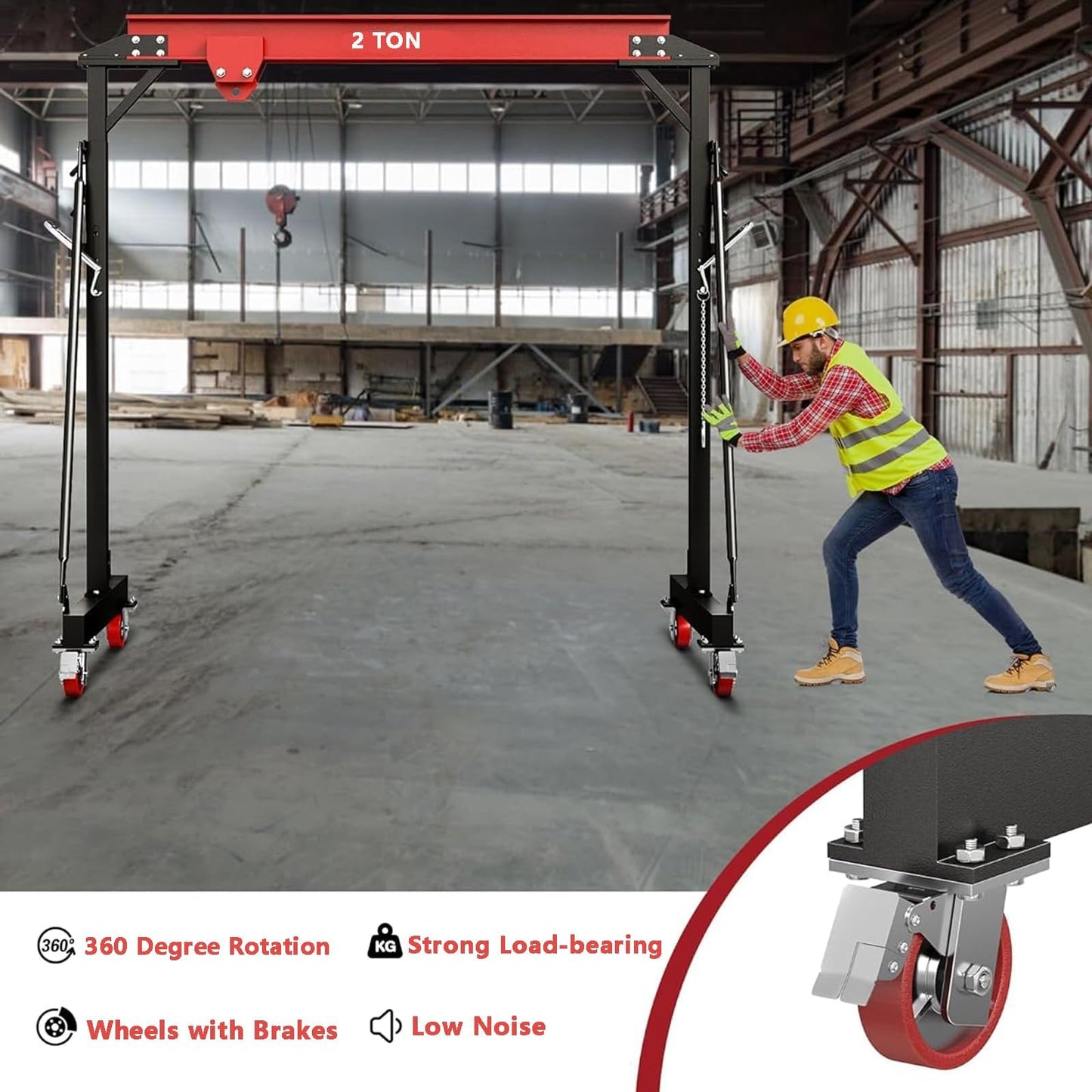 2-Ton (4,400 LBS) Adjustable Gantry Crane | 8–12 FT Height Adjustable | Shop Lift Hoist with Manual Trolley, Hook & Shackles | Portable Overhead Crane for Warehouse, Factory, Garage