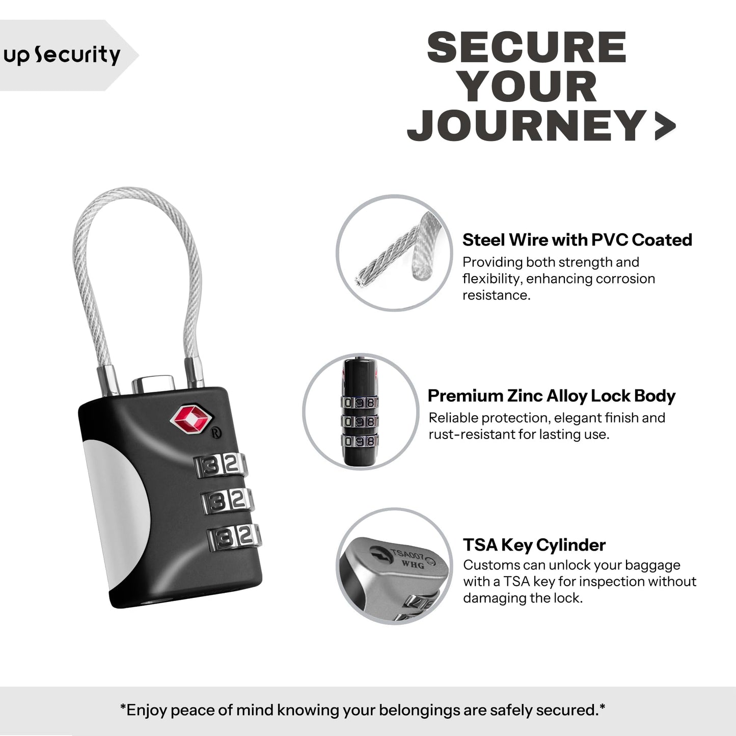 UP Security TSA Approved Luggage Locks - Small Combo Travel Padlock with Cable, TSA 007 Suitcase & Backpack Security, Durable & Easy to Use (Black+Black)