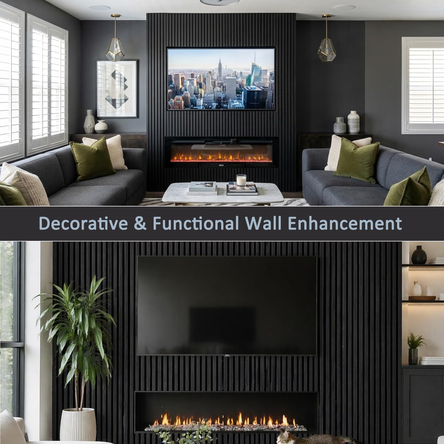 Wood Slat Wall Panels - 4 Pack 93.7" × 11" - Acoustic Panels Noise Reduction for Home Office Studio, 3D Fluted Sound Dampening Absorbing Panels, Matte Black
