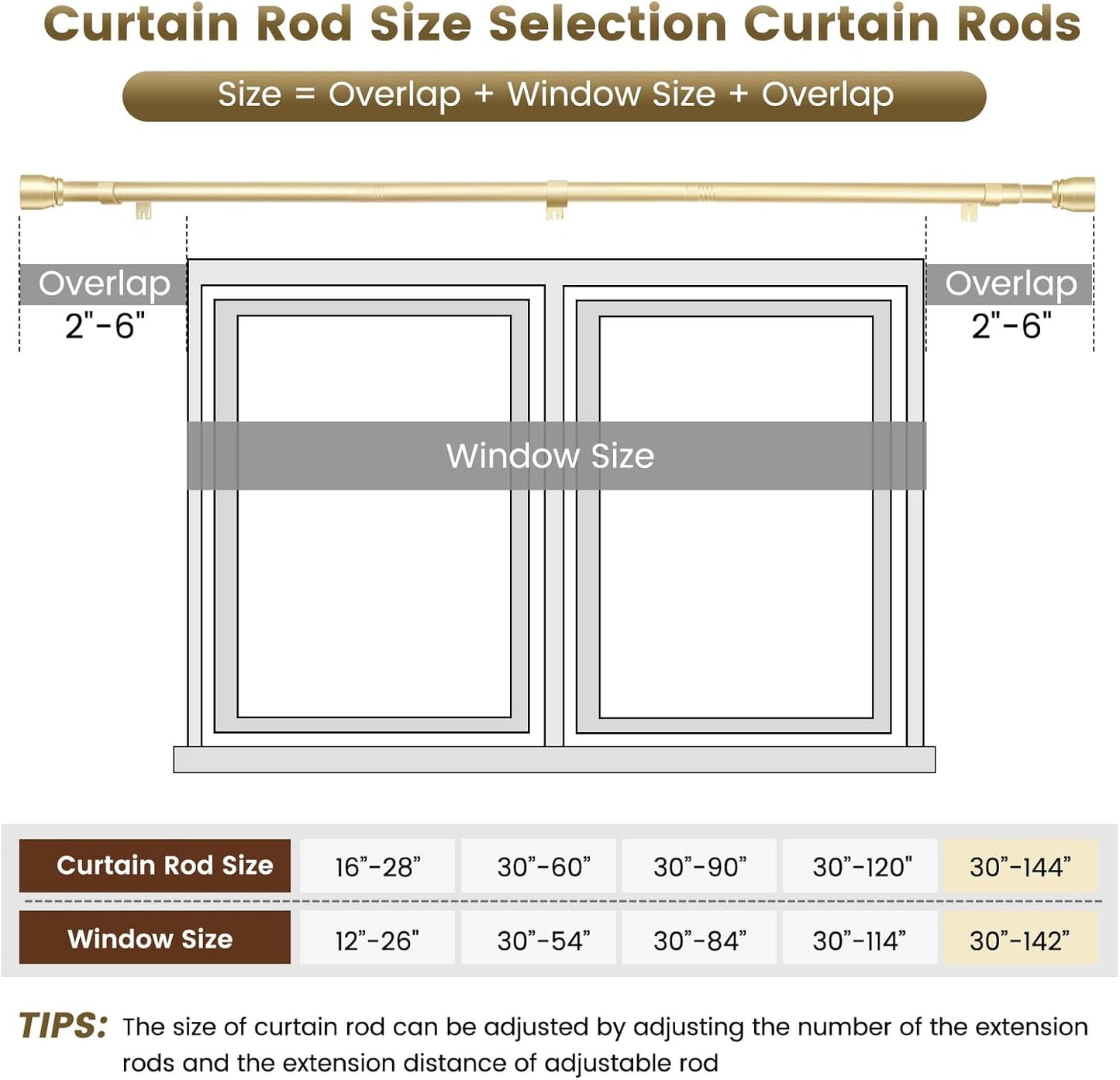 Skiennix 1” Diameter Adjustable Curtain Rod - Heavy Duty Metal, Fits 30-144 Inches, Gold Finish