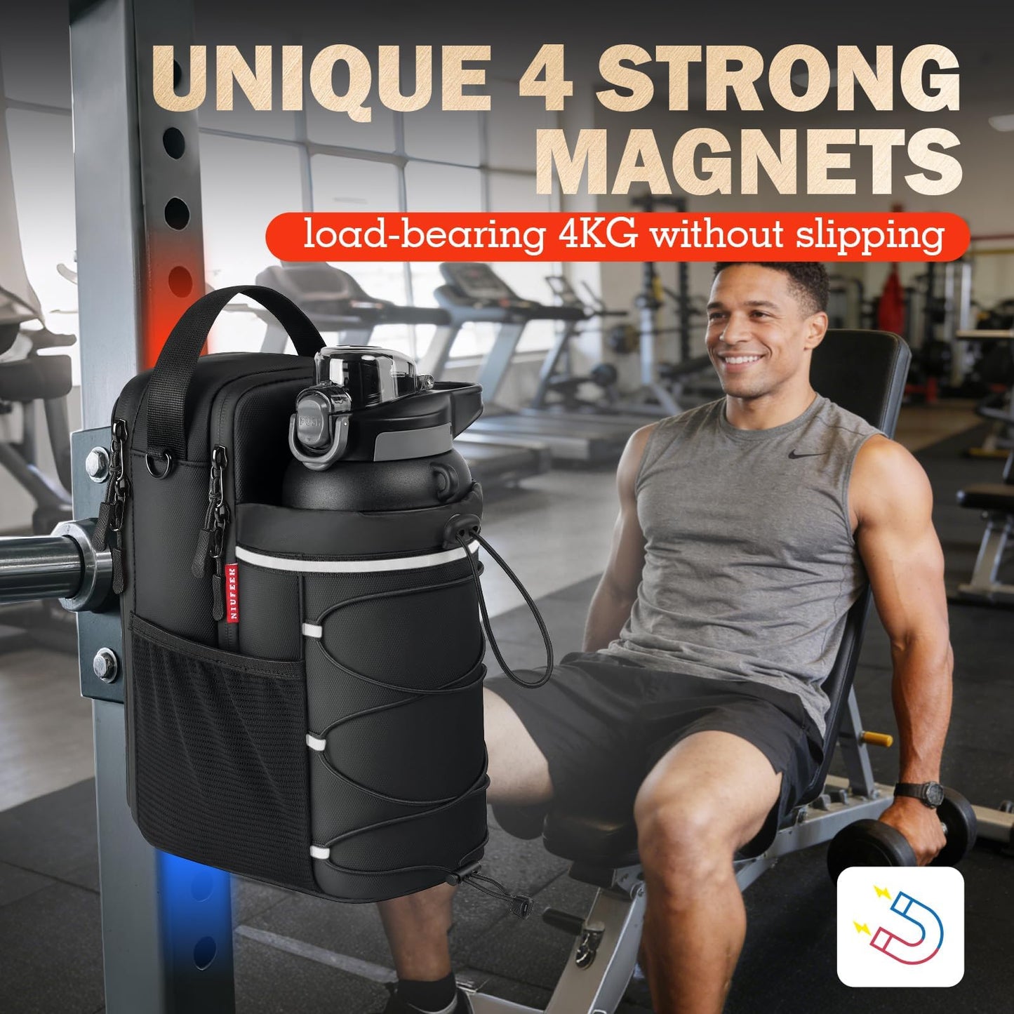 Magnetic Gym Bag 25-64oz Water Bottle Holder with 4 Strong Magnets, Crossbody Sling Water Bottle Carrier with Phone Pocket for Men Women, Gym Accessories for Workout Fitness Hiking Travel Camping
