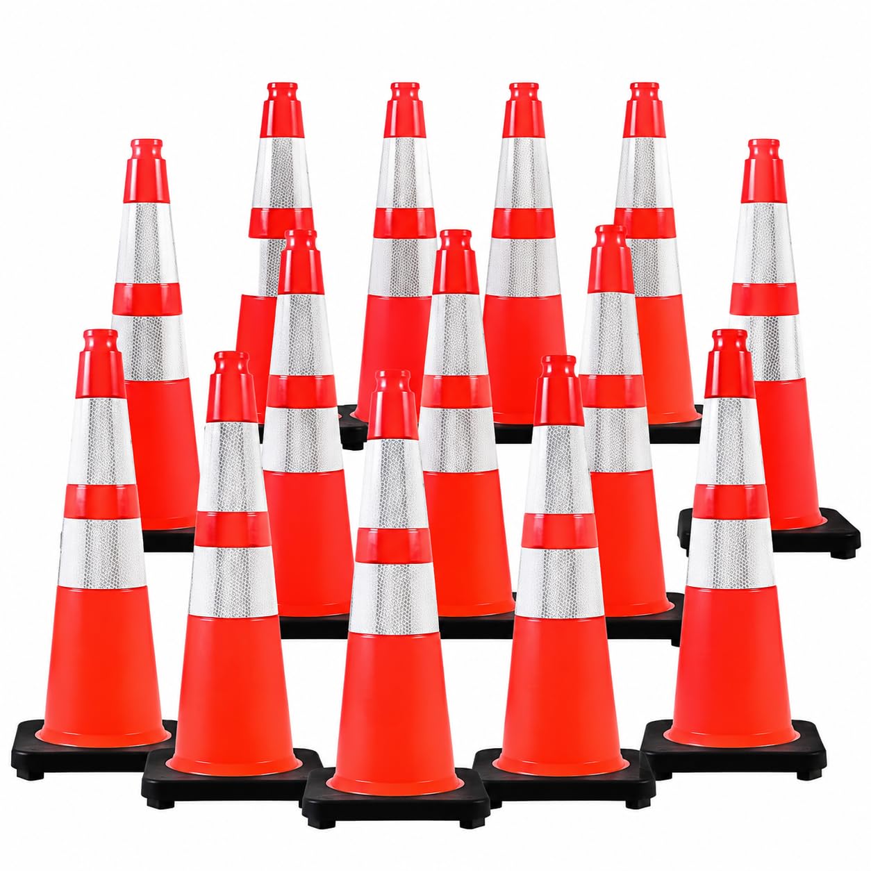 (14 Cones) BESEA 28” inch Orange PVC Traffic Cones, Black Base Construction Safety Cones Road Parking Cone Structurally Stable Wearproof (28" Height)