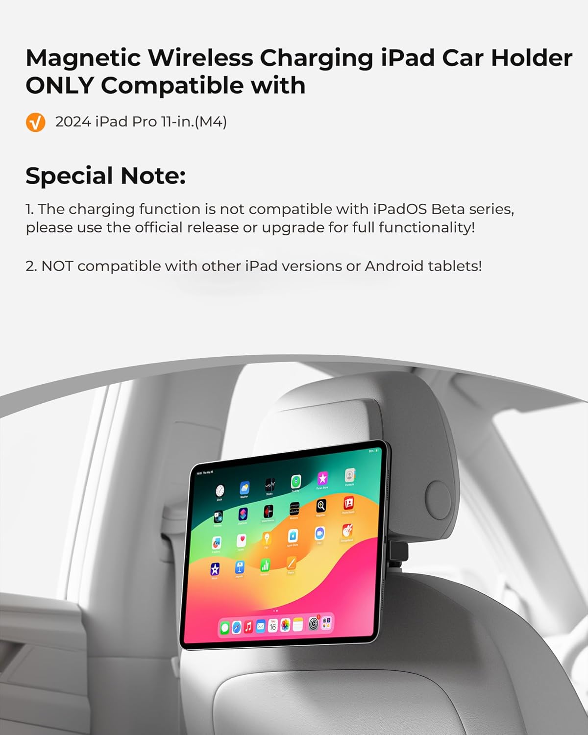 KU XIU 11'' M4 [2024]Only, 2M KUXIU Magnetic Wireless Charging Car Headrest Tablet Holder for iPad Pro Tablet Car Back