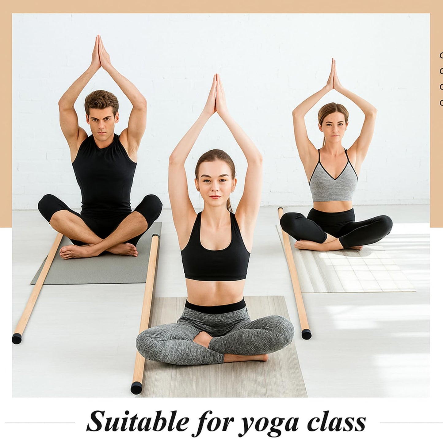 Hiboom 6/9 Pcs 5ft Yoga Stick Natural Bamboo Black Exercise Stick with Non-Slip Rubber Ends Stretching Tool Posture Corrector Stretch Tool for Flexibility, Workout, Balance Fitness(6 Pcs,Bamboo)
