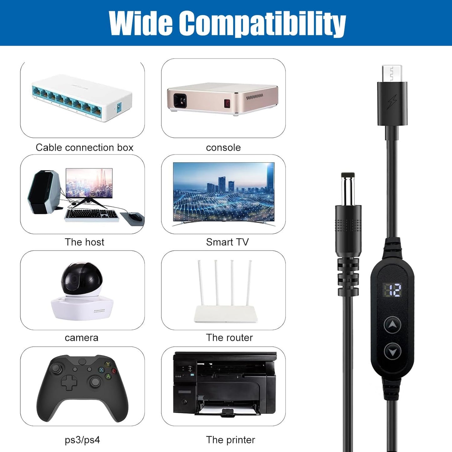 Yancincny 5V/9V/12V/15V/20V 8 (3.9ft) USB C to DC Cable with DC Conversion Heads and LED Display Screen, USB to DC