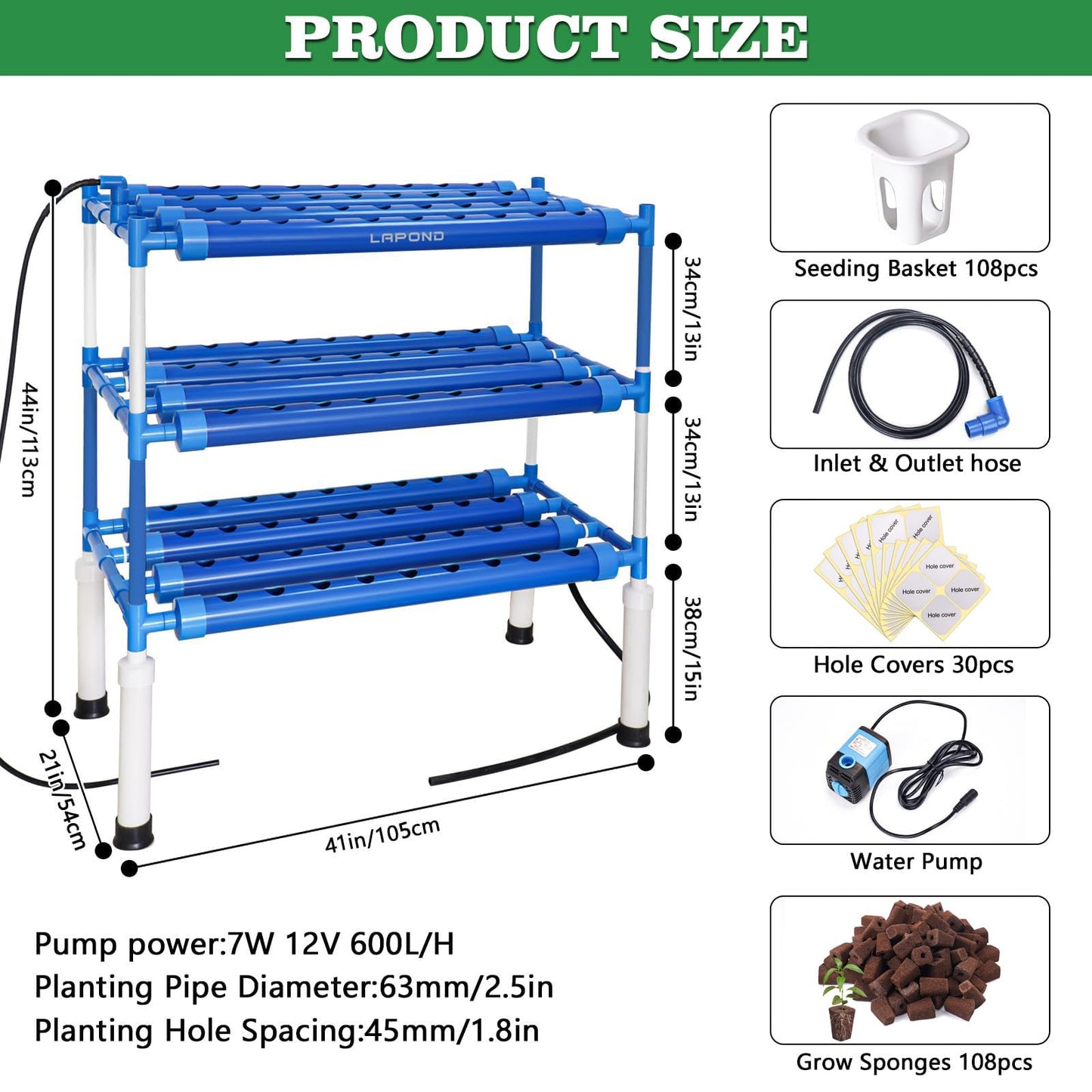 LAPOND Hydroponics Growing System Kit for Vegetables,Flowers Fruits and Herbs, with 108 Plant Sites, Suitable for Indoor and Outdoor, Block Light Design