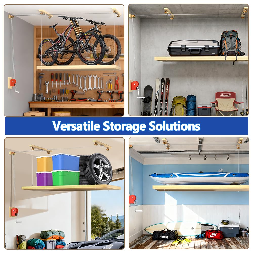 TooTaci Overhead Garage Storage Lift with 3/16 Steel Cable & Winch, Heavy Duty Ceiling Mounted Garage Storage Lift System for Organization, 300lbs Weight, Supports 8-16ft Ceilings (Deck Not Includ)
