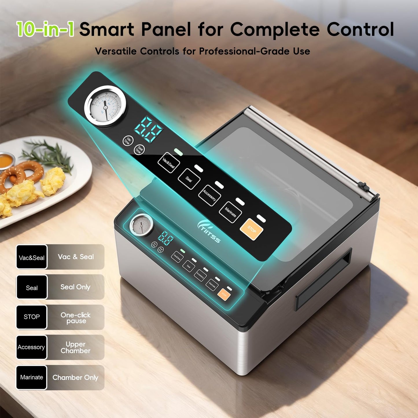 TIITSS Chamber Vacuum Sealer, 230W Powerful Vacuum Packing Machine with 6.8QT/6.4L Large Chamber and 12-inch Seal Bar for Meats, Soups, Sauces and Liquids, Ideal for Home and Commercial Use