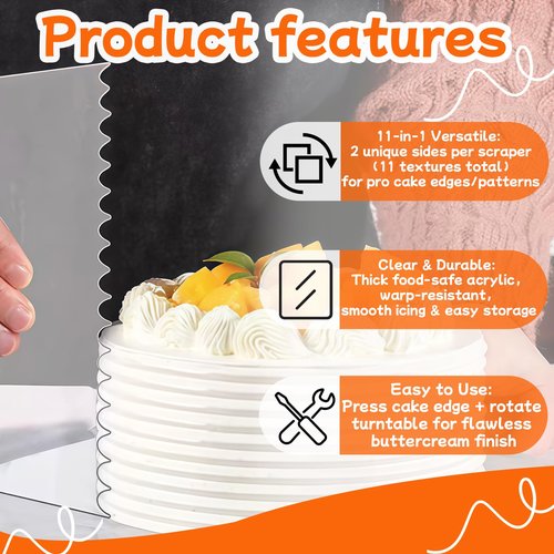 7 PCS Cake Scraper Set, Clear Acrylic Cake Smoother Scraper, Clear Cake Combs, Multi-Shape Edges with Connector Rings, for DIY Icing Frosting Buttercream, Baking Tool Kit