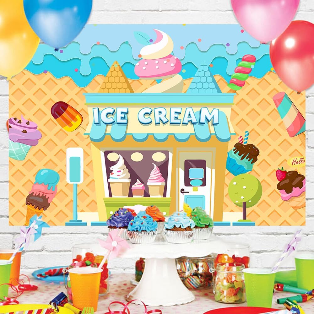 Retyshia 5x3Ft Summer Ice Cream Backdrop Banner Ice Cream Shop Birthday Backdrop for Party Dessert Parlor Photography
