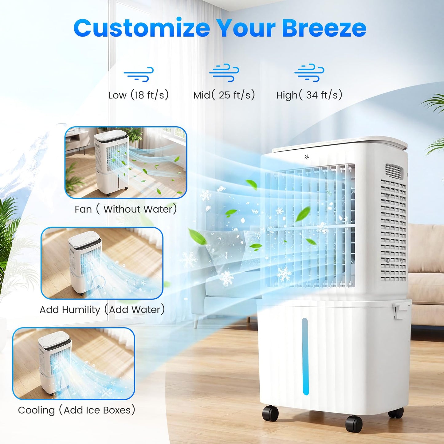 Auertech 6.8 Gal Swamp Cooler, 2500CFM Evaporative Air Cooler with Light & Detachable Tank, Portable Cooling Fan, 4-IN-1 AC Unit, Windowless Air Conditioners for Bedroom Apartment Garage