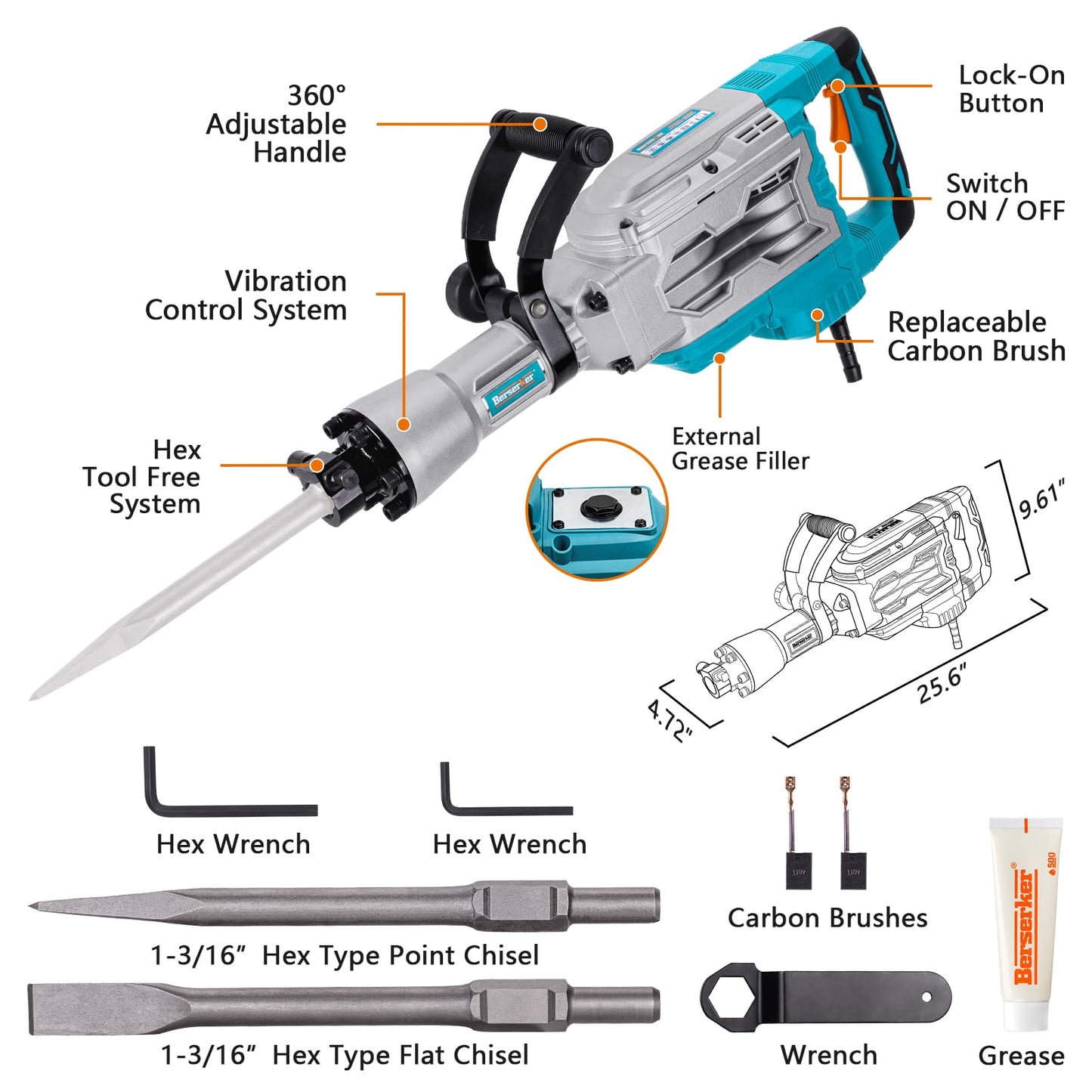 Berserker 30-Pound Demolition Jack Hammer with 1-3/16" Hex Ground Rod Driver