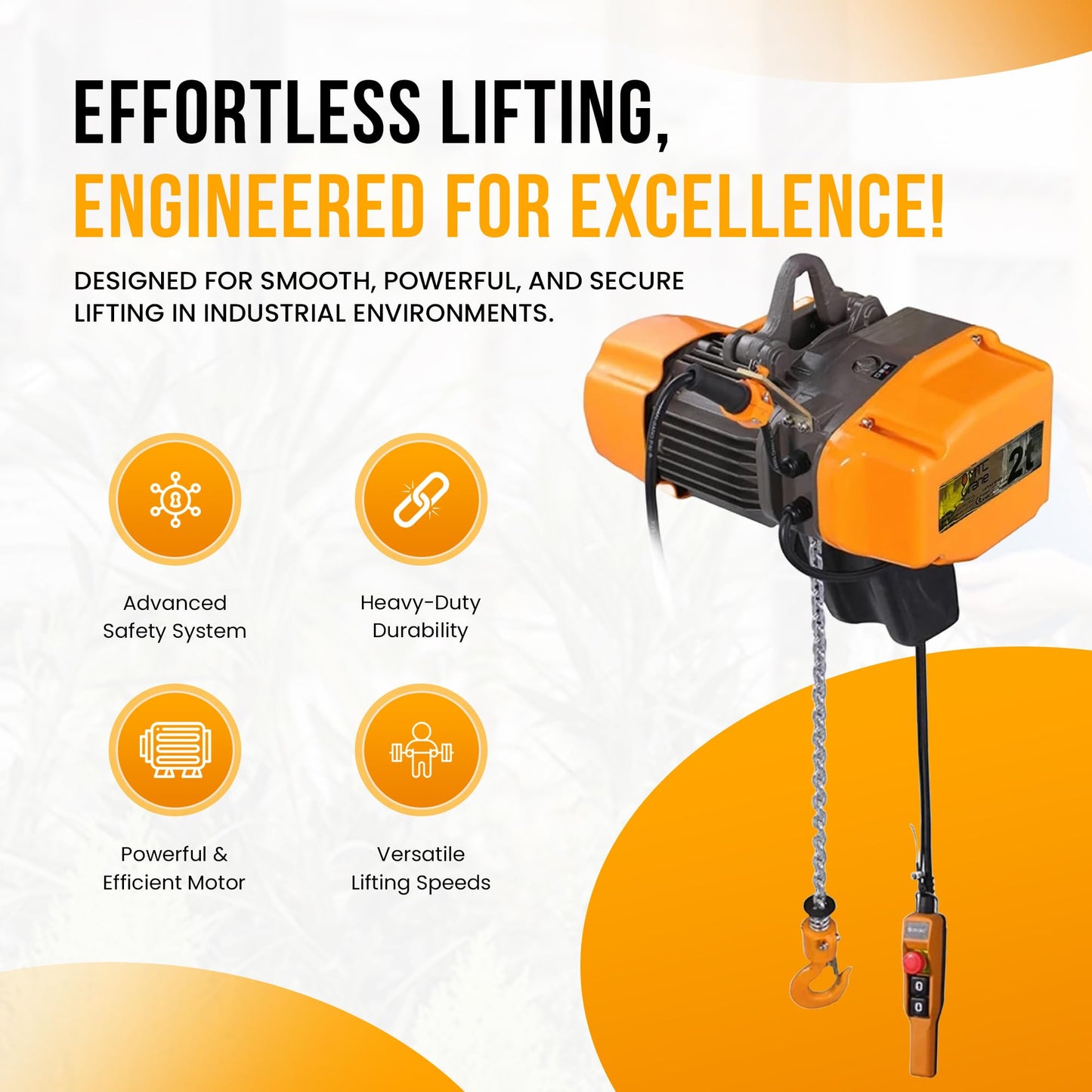 MTC Crane Heavy-Duty 2 Ton Electric Hoist, Electric Winch - Electric Hoist with VFD Controls, 20' Lift Height, 480V 3-Phase, Pendant Control